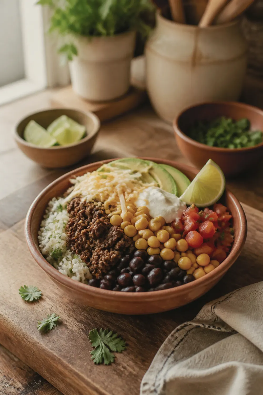 A loaded burrito bowl with seasoned ground beef, cilantro-lime rice, black beans, corn, diced tomatoes, shredded cheese, sour cream, and sliced avocado, served in a wide ceramic bowl on a wooden table.