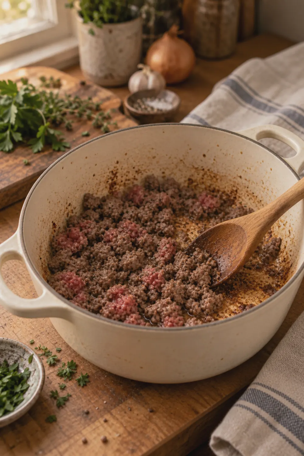 Ground beef browning in a Dutch oven with small crumbles forming and golden brown fond developing on the bottom of the pot