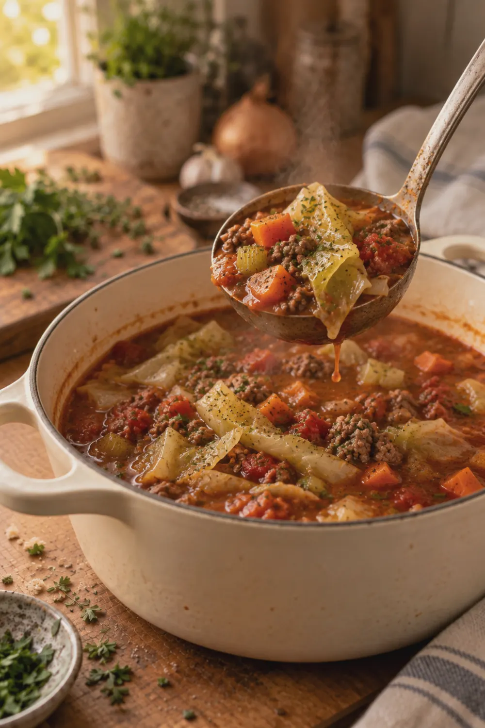 A ladle lifting cabbage soup from the pot, showing tender cabbage leaves, diced vegetables, and ground beef in a rich reddish-brown tomato broth