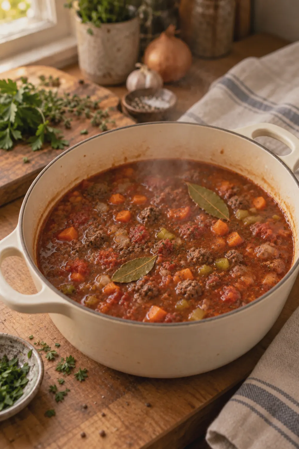 A pot of tomato broth with ground beef, diced carrots, celery, and onion simmering together with visible steam rising from the surface
