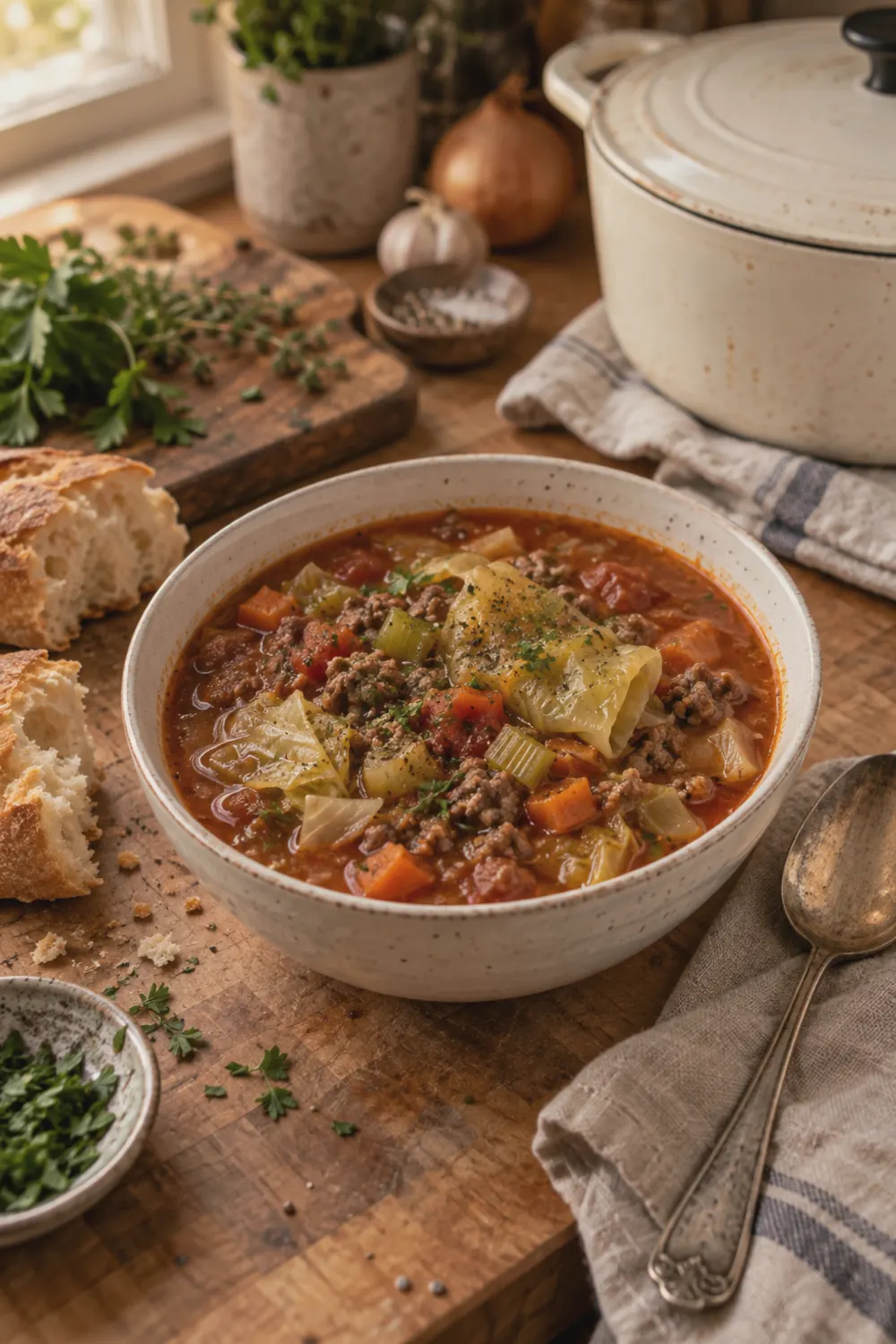 A large white bowl filled with cabbage soup showing chunks of tender cabbage, diced carrots, celery, and ground beef in a rich tomato broth, set on a wooden table with a spoon and crusty bread.