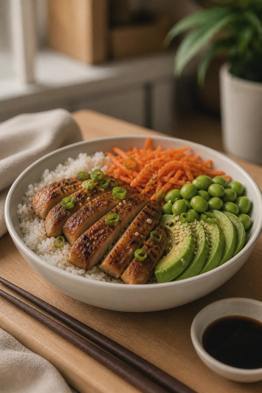 Assembled chicken bowl with sliced golden chicken over white rice, topped with edamame, shredded carrots, avocado slices, green onions, and sesame seeds in a round ceramic bowl