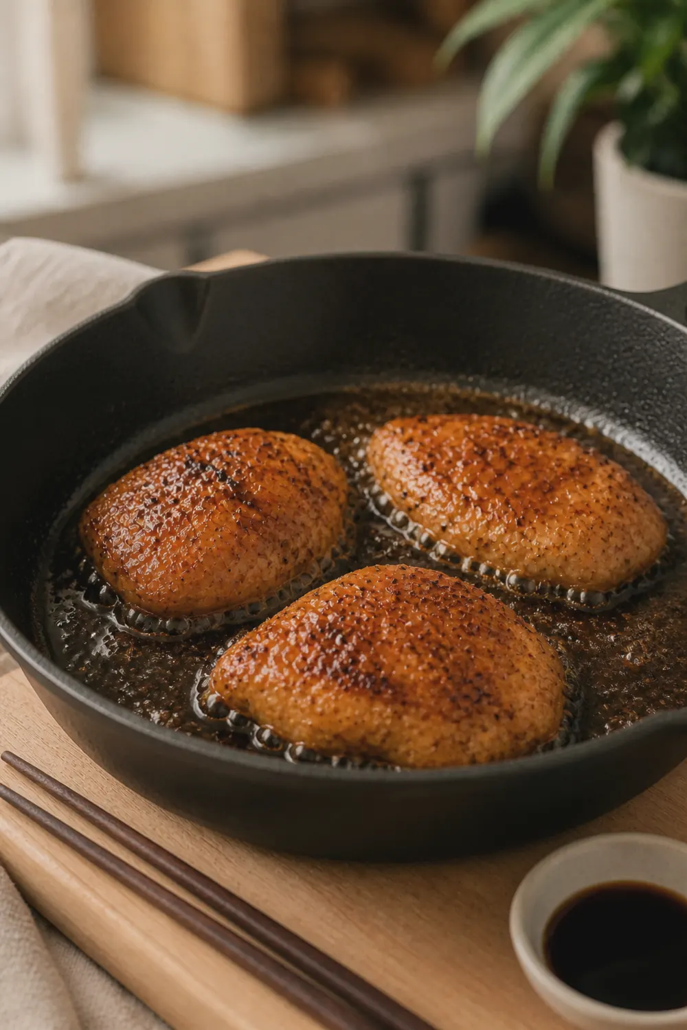 Chicken thighs searing golden-brown in a cast iron skillet with caramelized edges and soy-honey glaze bubbling