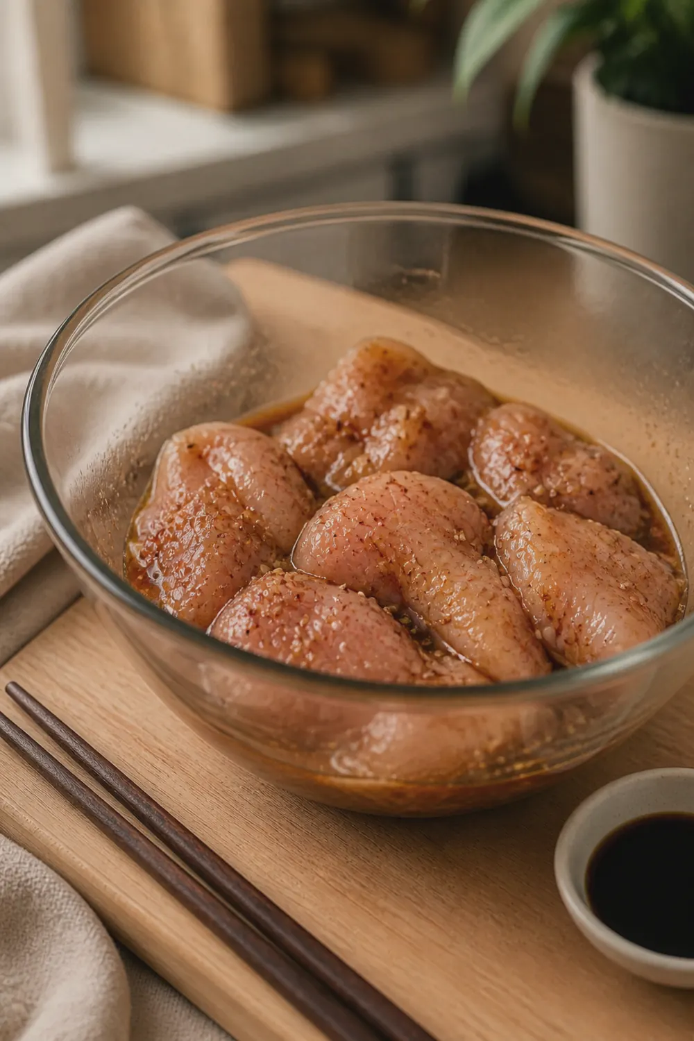 Seasoned chicken thighs in a soy-honey glaze resting in a glass mixing bowl with visible garlic and spice flecks