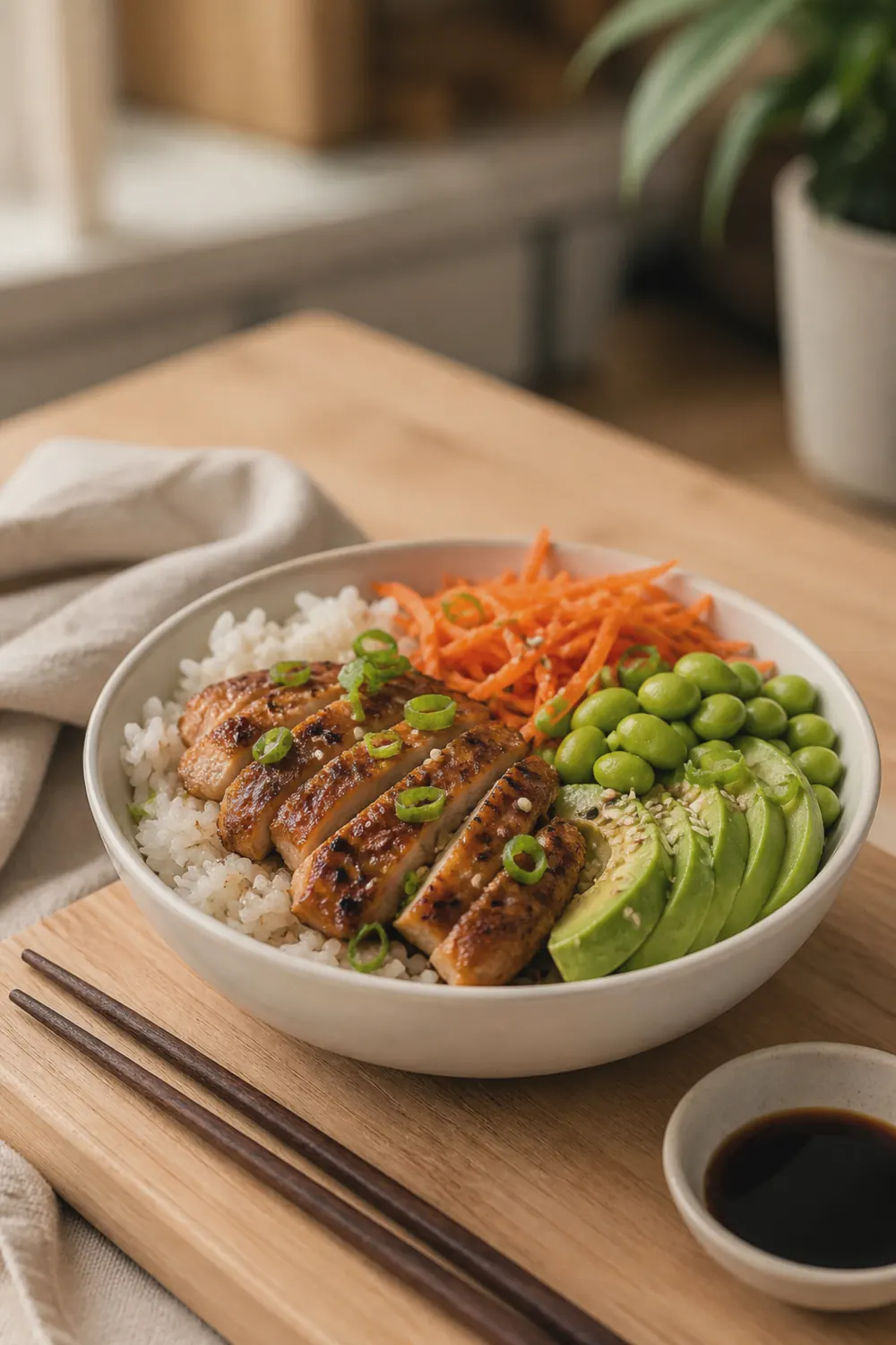 A chicken bowl with sliced seasoned chicken thighs over fluffy white rice, topped with sliced avocado, shredded carrots, edamame, and a drizzle of sauce, served in a round ceramic bowl on a wooden table.
