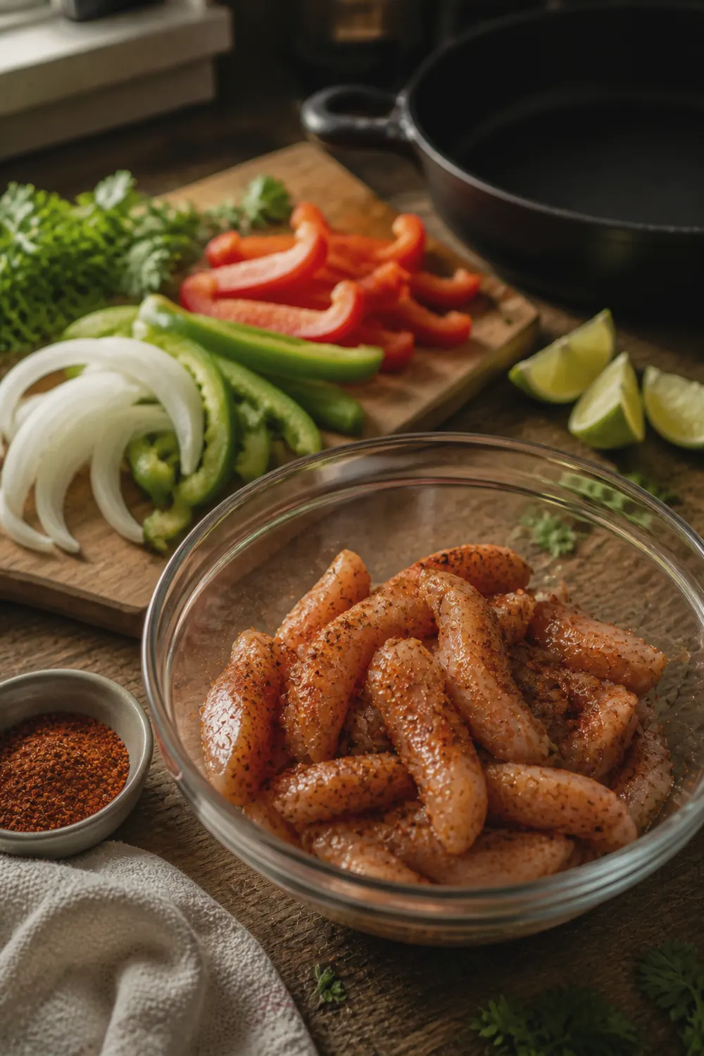 Sliced chicken strips tossed with a dark red-brown fajita spice rub in a glass mixing bowl, with sliced bell peppers and onion on a wooden cutting board beside it