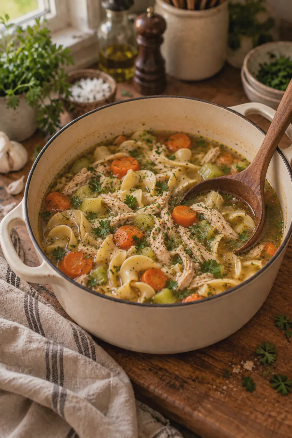 Finished pot of chicken noodle soup with shredded chicken, tender egg noodles, carrots, and celery in clear golden broth, fresh parsley scattered on top