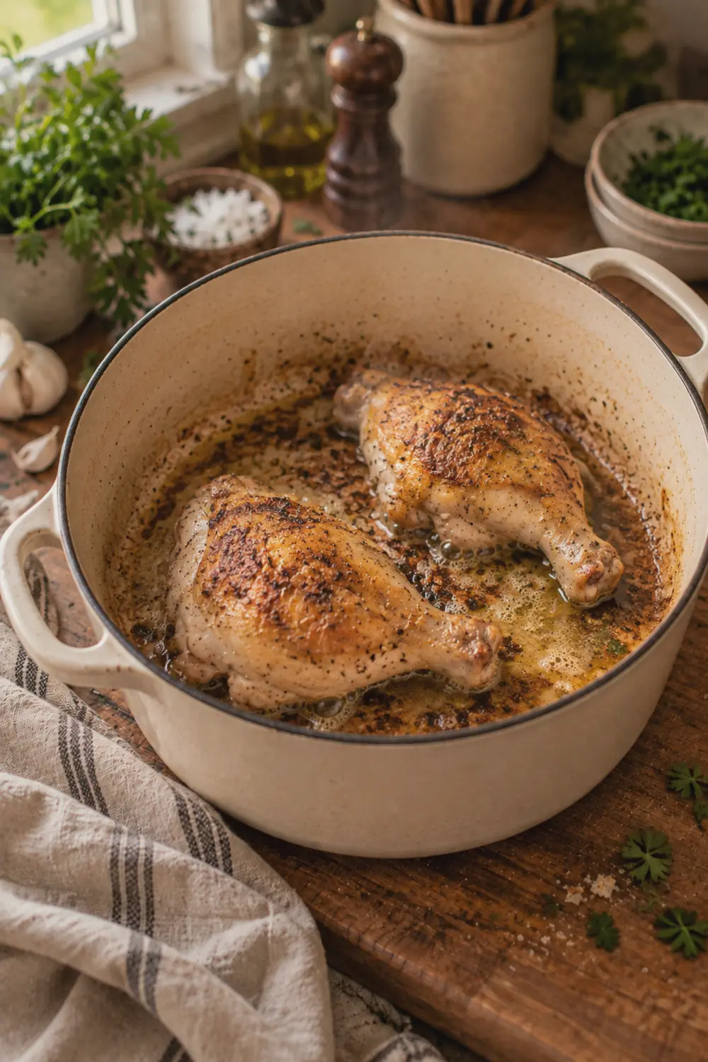 Two chicken pieces searing golden-brown in a Dutch oven with melted butter, showing dark fond forming on the pot bottom