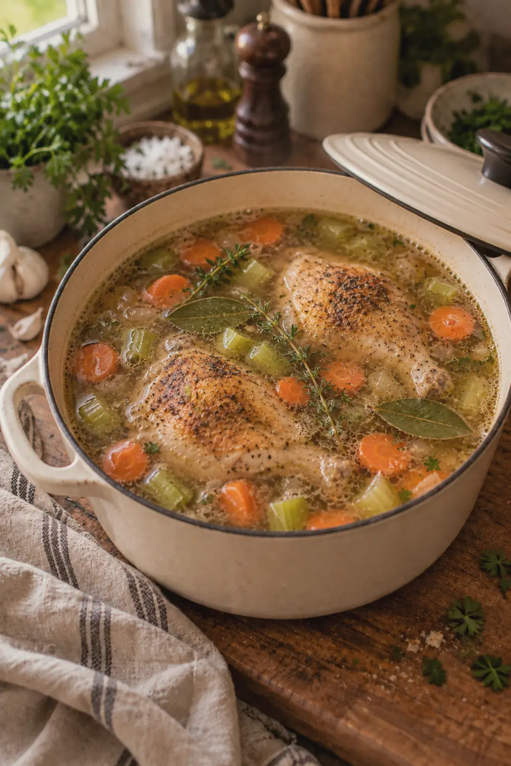 Dutch oven filled with golden broth, simmering chicken pieces, sliced carrots, celery, and bay leaves visible on the surface