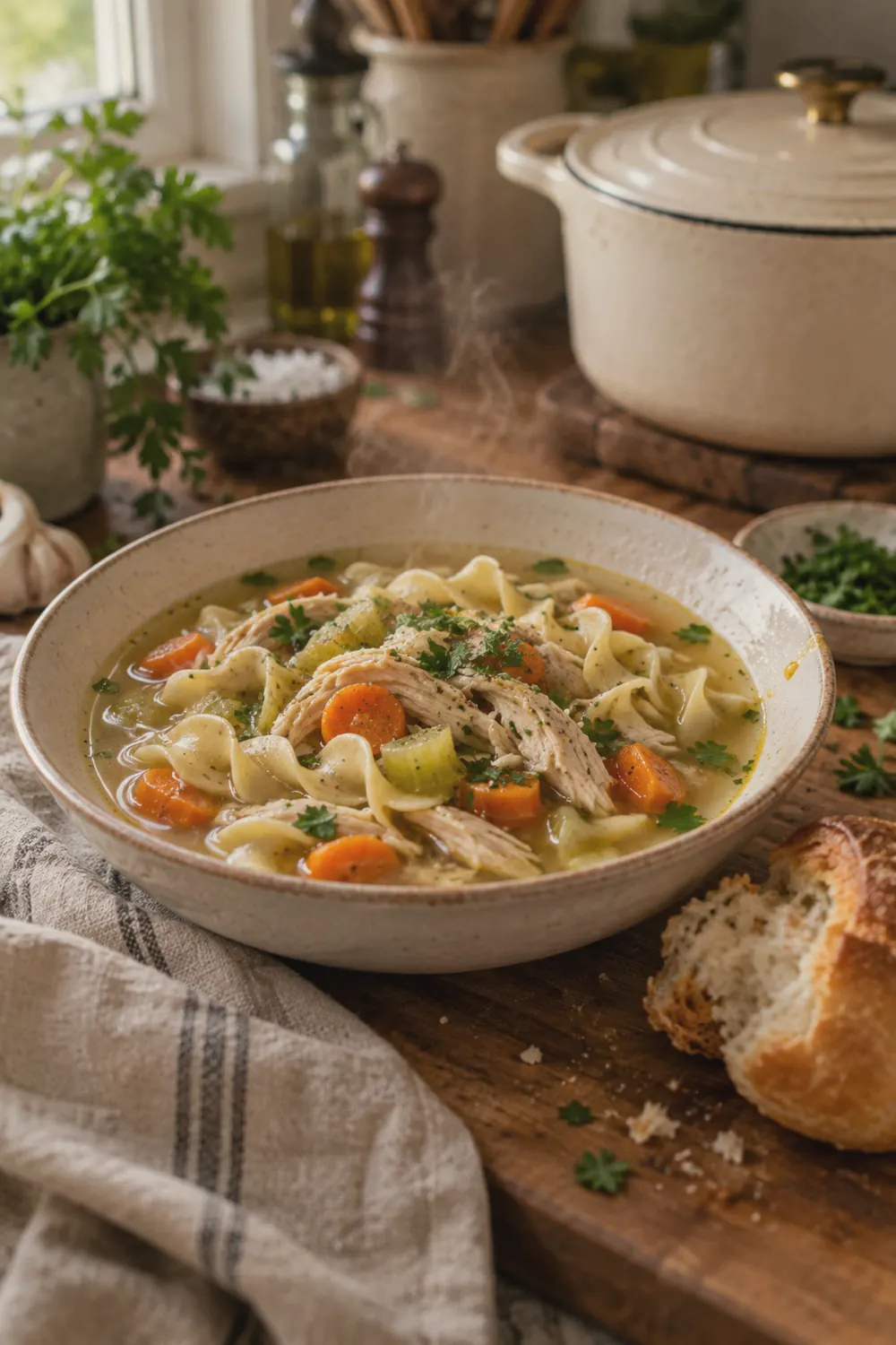 A steaming bowl of chicken noodle soup with shredded chicken, egg noodles, sliced carrots, and celery in clear golden broth, served on a linen napkin with crusty bread on the side.
