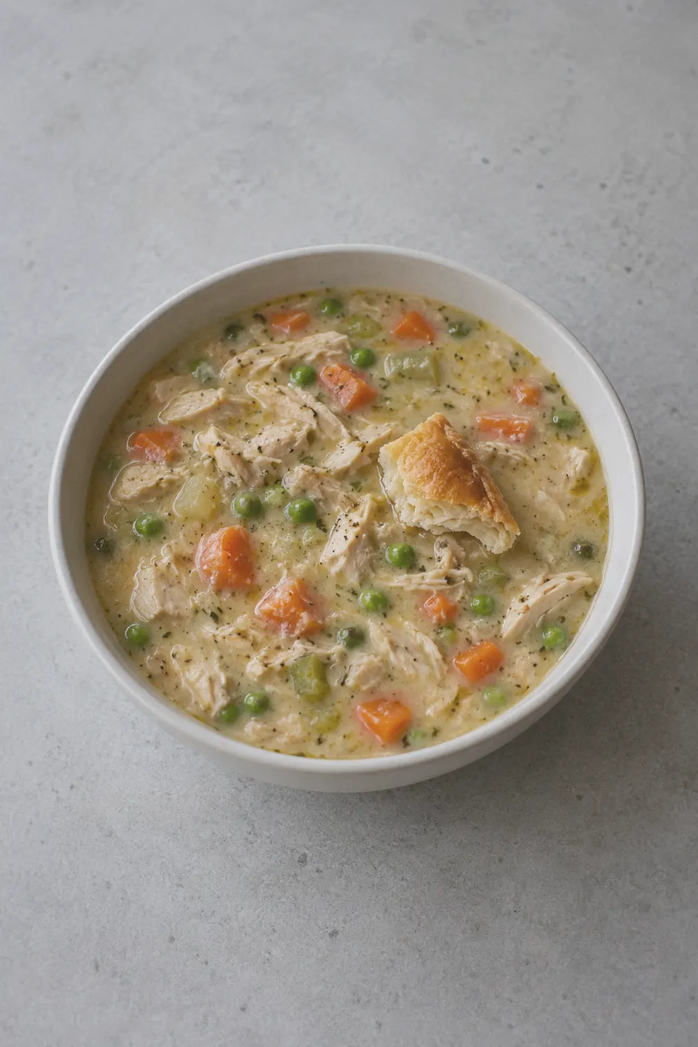 A bowl of creamy chicken pot pie soup with chunks of chicken, diced carrots, and peas in a thick golden broth, served on a light concrete surface