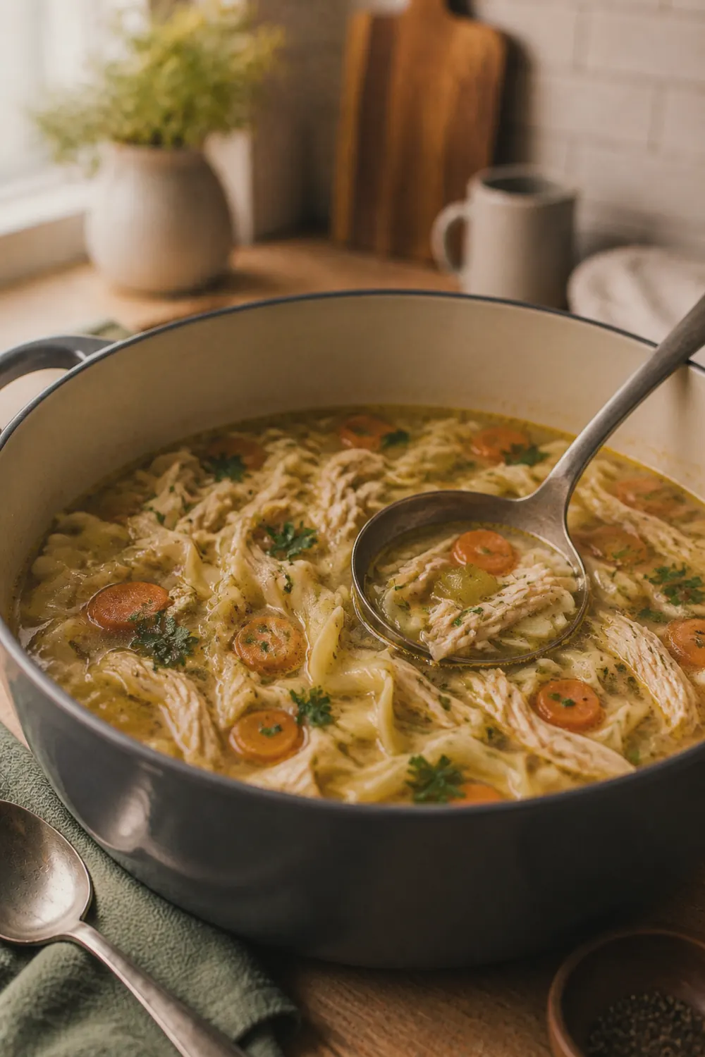 Finished chicken soup in a Dutch oven with shredded chicken, tender egg noodles, and sliced vegetables in clear golden broth