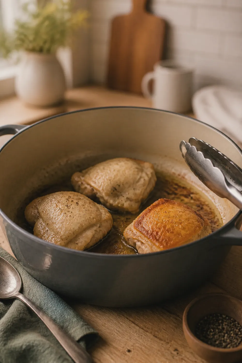 Chicken thighs searing golden-brown in a Dutch oven with olive oil, showing the fond building on the bottom of the pot