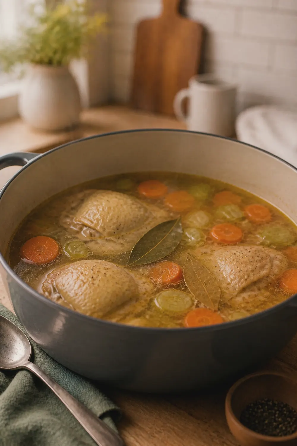 Dutch oven with golden broth, simmering chicken thighs, sliced carrots, celery, and bay leaves visible on the surface