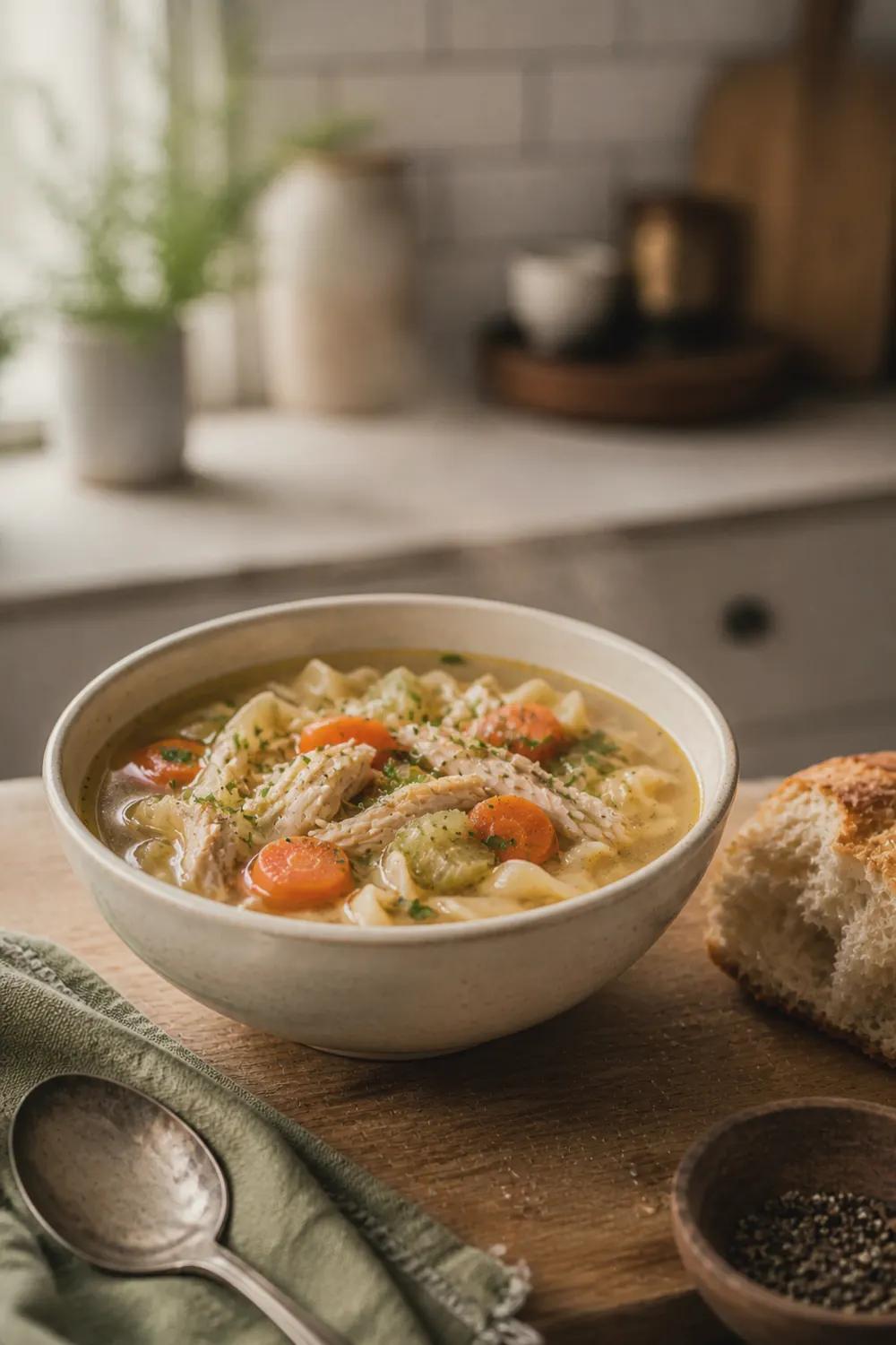 A bowl of classic chicken soup with shredded chicken, egg noodles, sliced carrots, and celery in golden broth, served on a wooden table with crusty bread nearby.