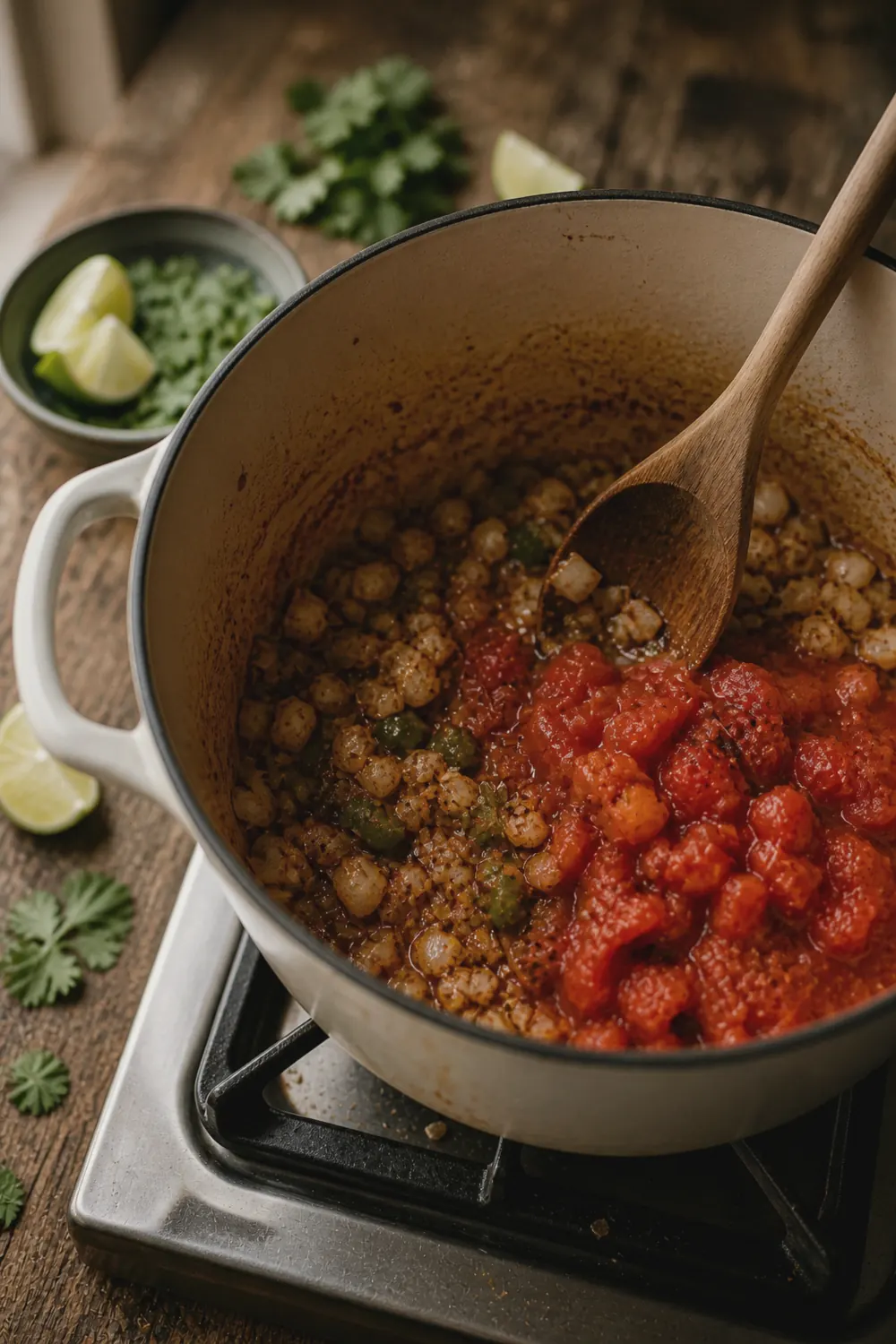 A Dutch oven with sautéed onion, jalapeño, and toasted spices in olive oil, with fire-roasted tomatoes just added, showing the rich reddish base forming