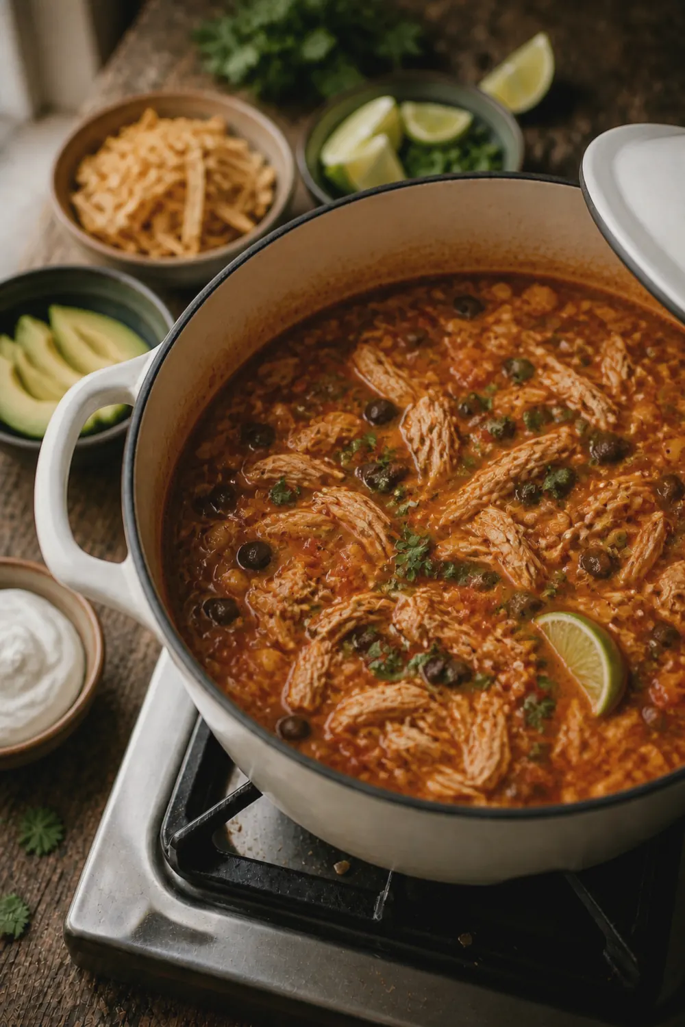 Finished chicken tortilla soup in a Dutch oven with shredded chicken, black beans, corn, and diced tomatoes in a rich smoky broth, ready to serve