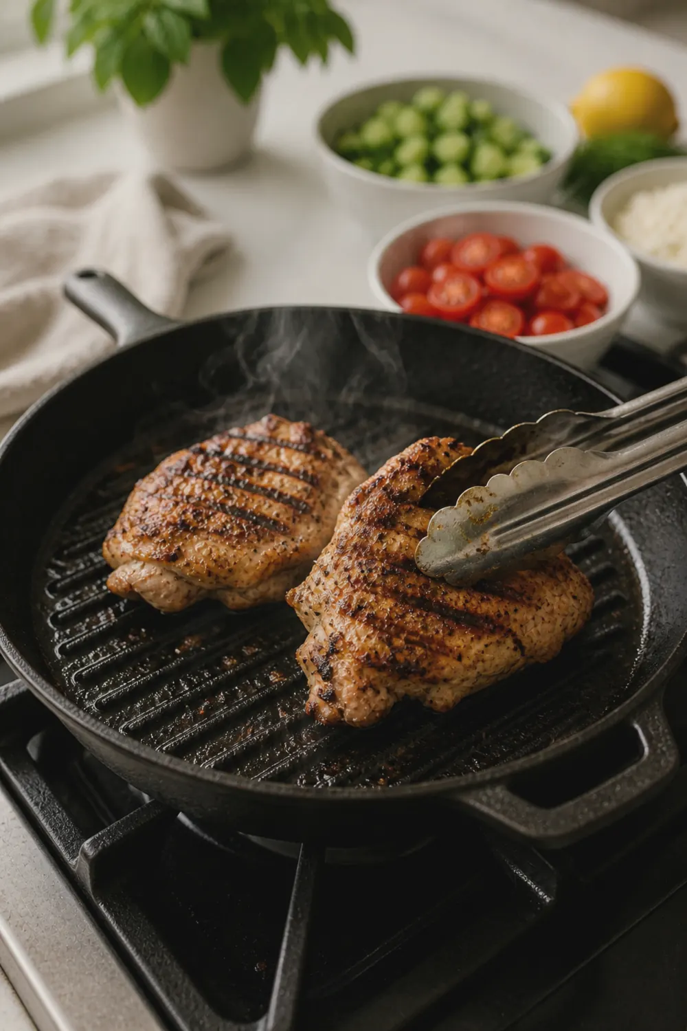 Chicken thighs with visible char marks and golden-brown crust cooking on a cast iron grill pan, with a pair of metal tongs gripping one piece to show the underside sear