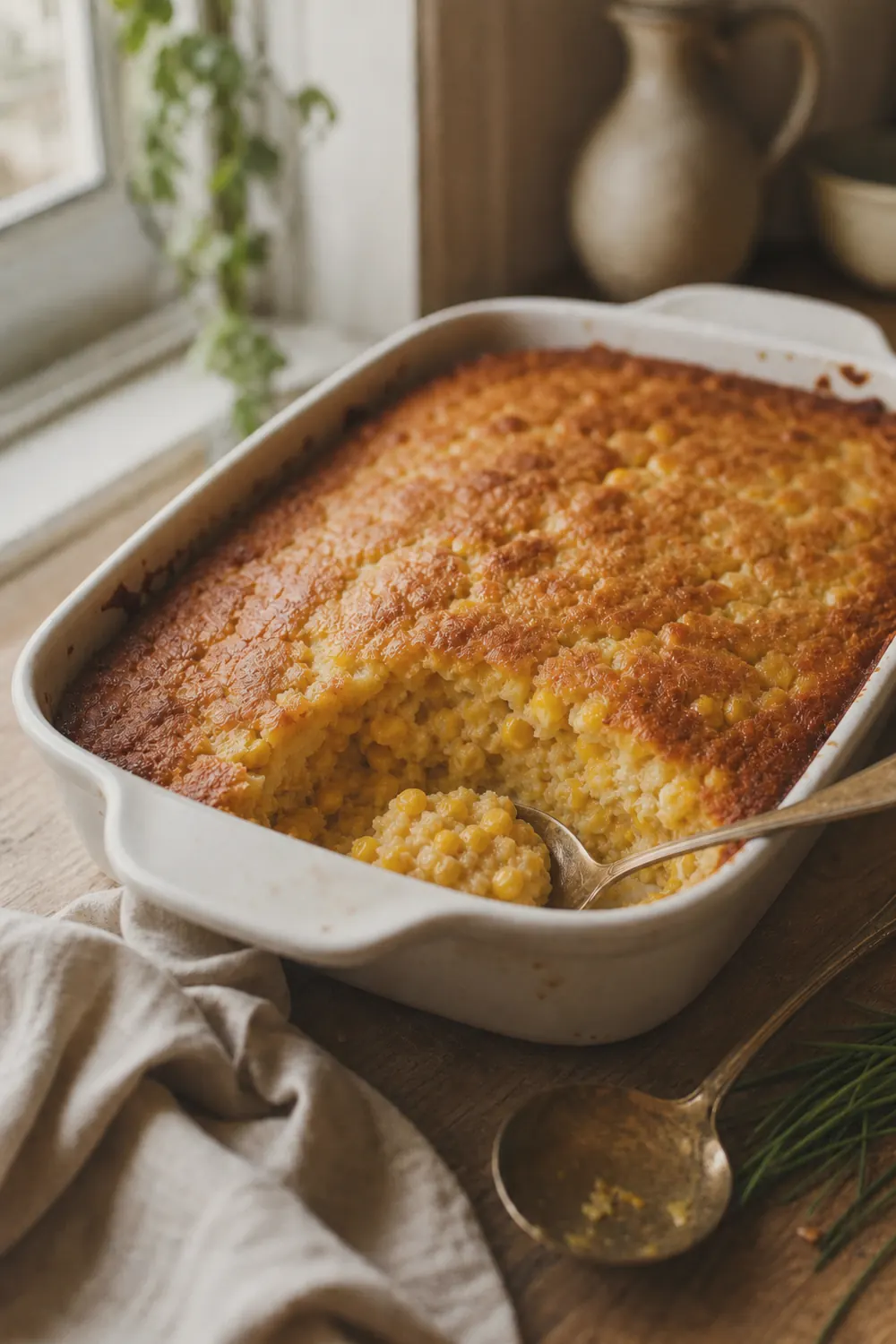 Finished corn casserole with a golden-brown top and one corner scooped out to show the soft, creamy corn-studded interior