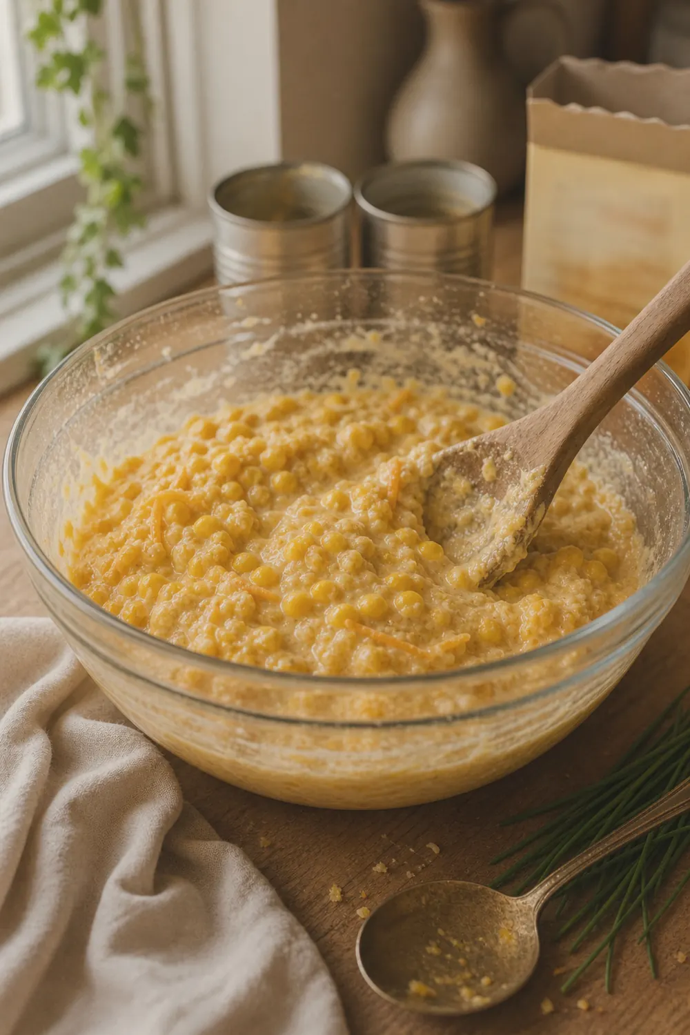 Corn casserole batter being mixed in a large glass bowl, showing whole kernel corn, creamed corn, and cornbread mix combined into a thick golden batter