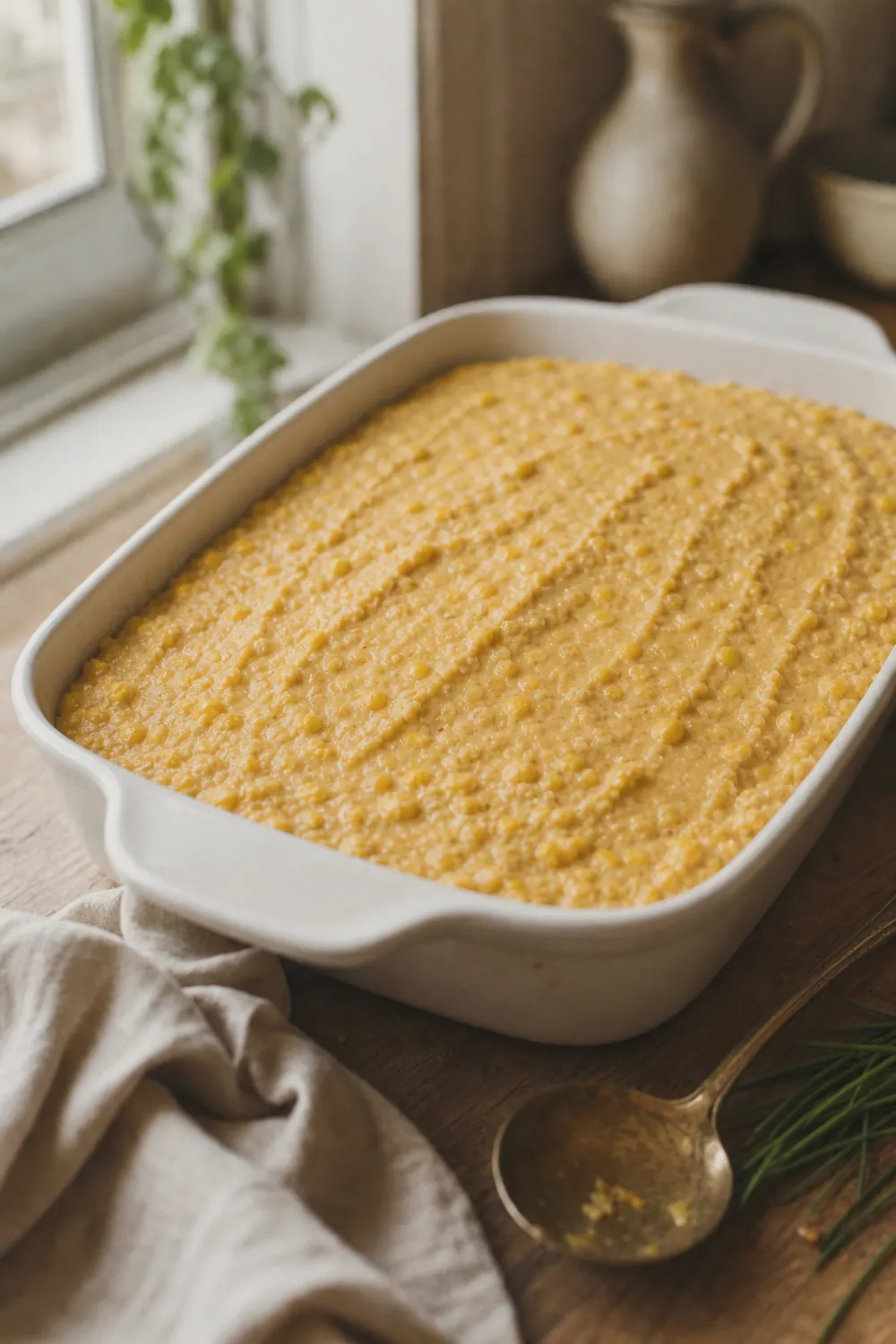 Thick corn casserole batter spread evenly in a white 9x13 baking dish, ready to go into the oven