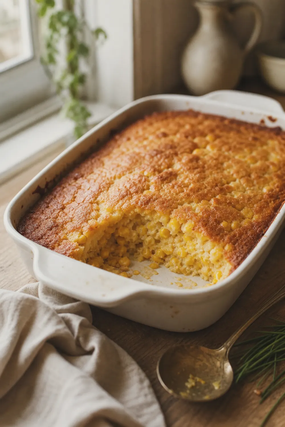 A golden corn casserole in a white baking dish with a spoonful scooped out, showing the soft creamy corn interior and golden cornbread crust.