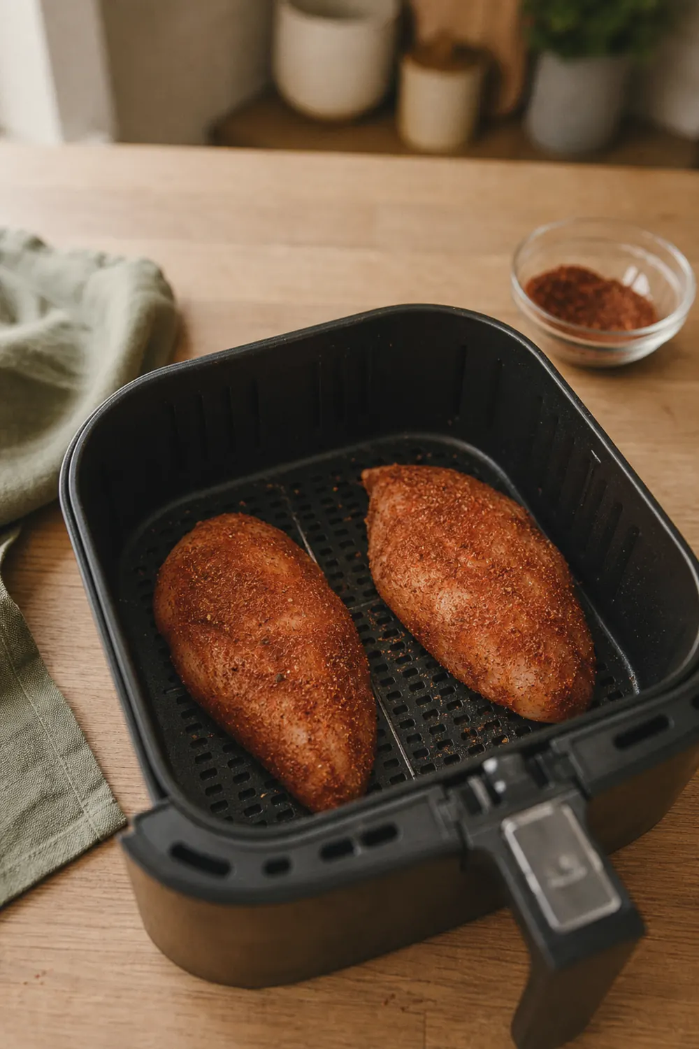 Seasoned raw chicken breasts arranged in a single layer in an air fryer basket