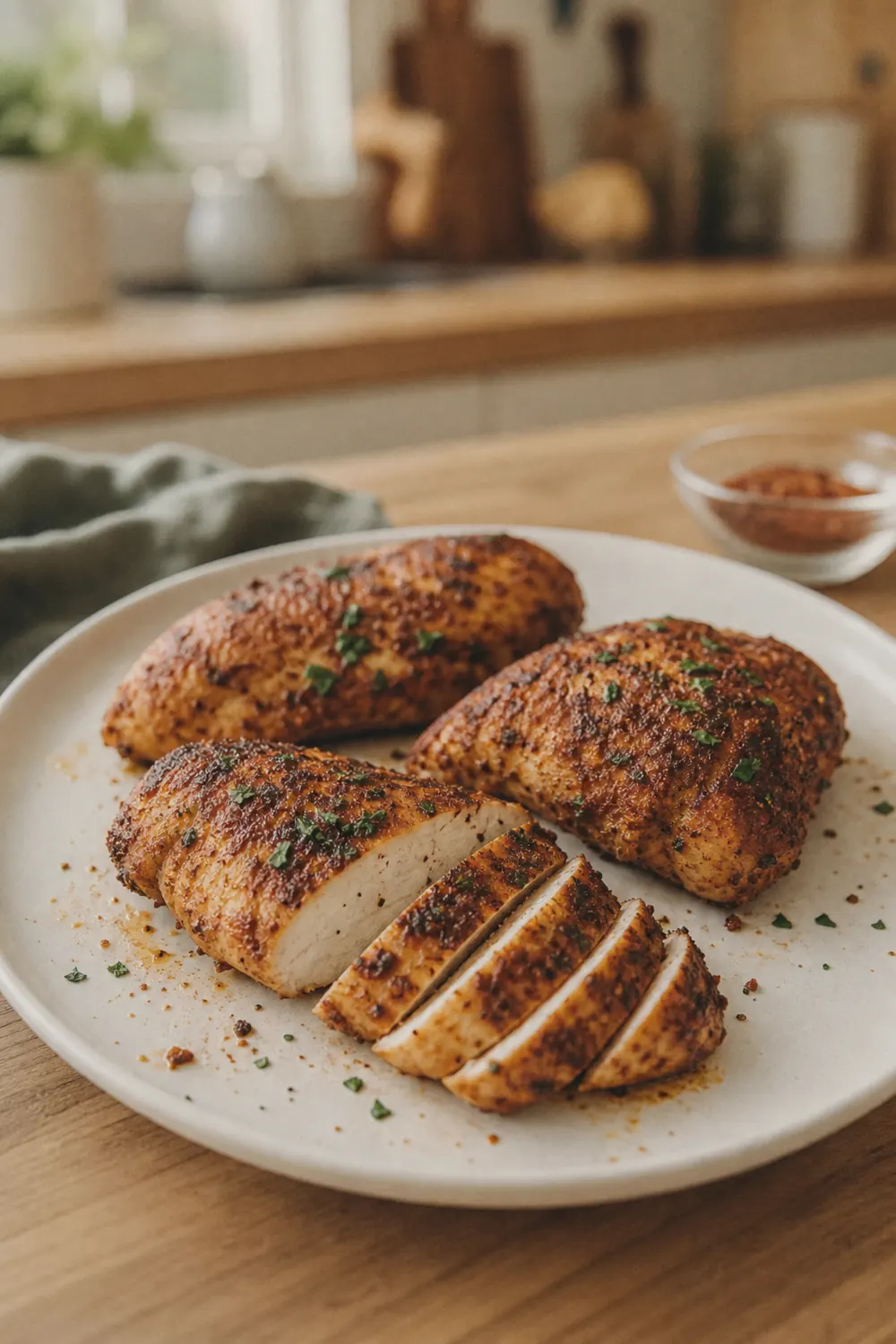 Golden air fryer chicken breasts on a white plate, one sliced to show the juicy interior