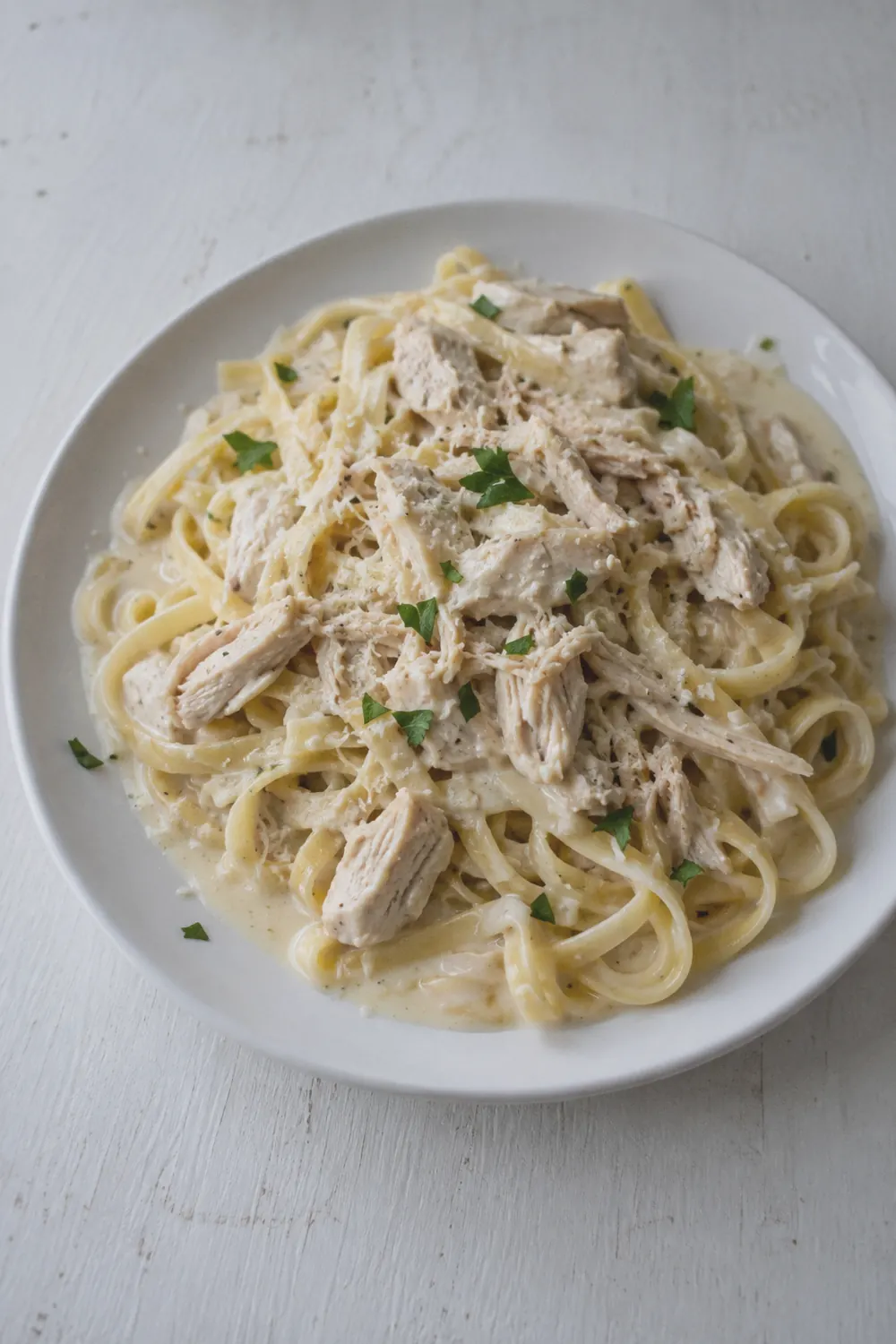 Shredded chicken alfredo in a creamy parmesan sauce served over fettuccine on a white plate