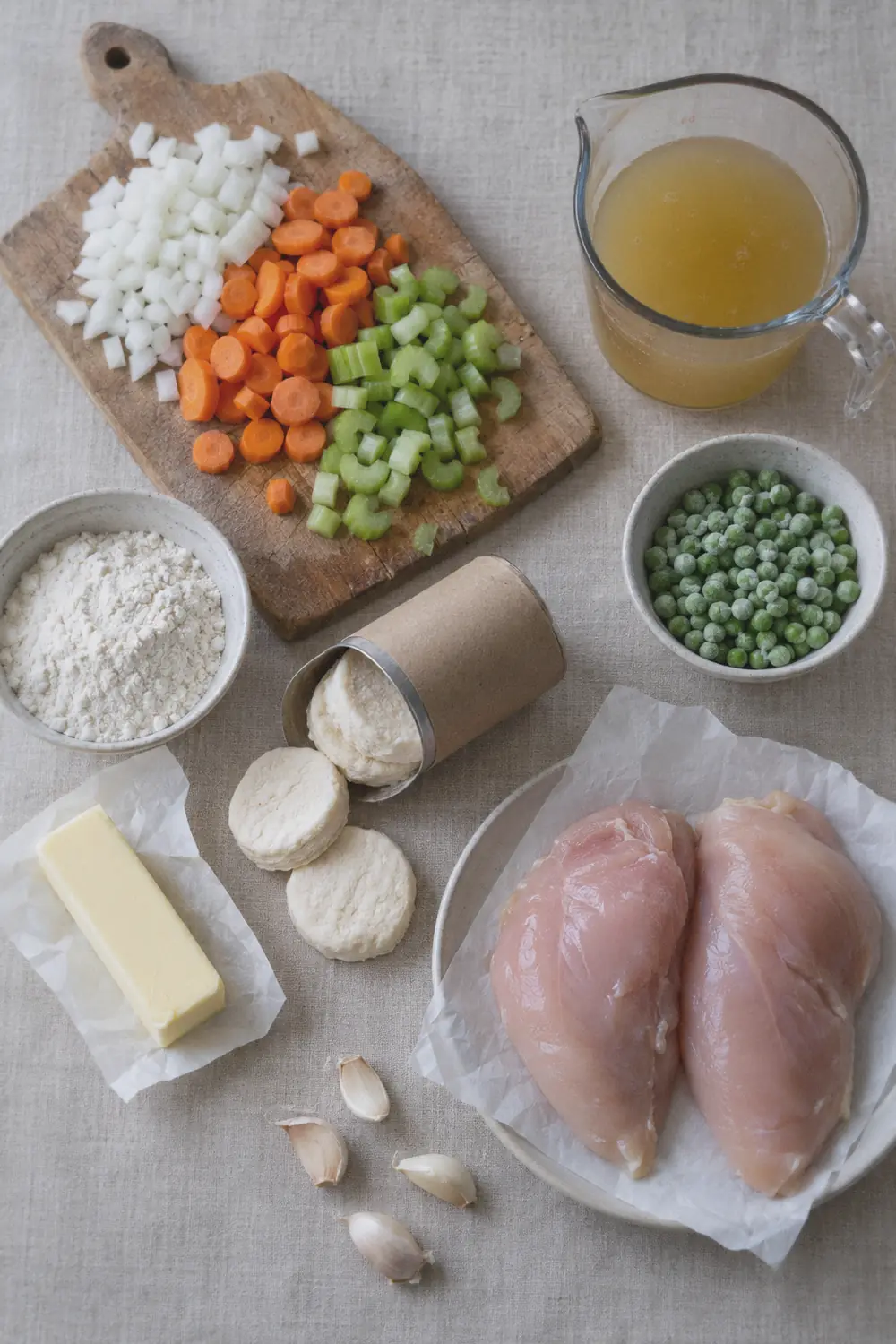 Ingredient spread for crockpot chicken and dumplings