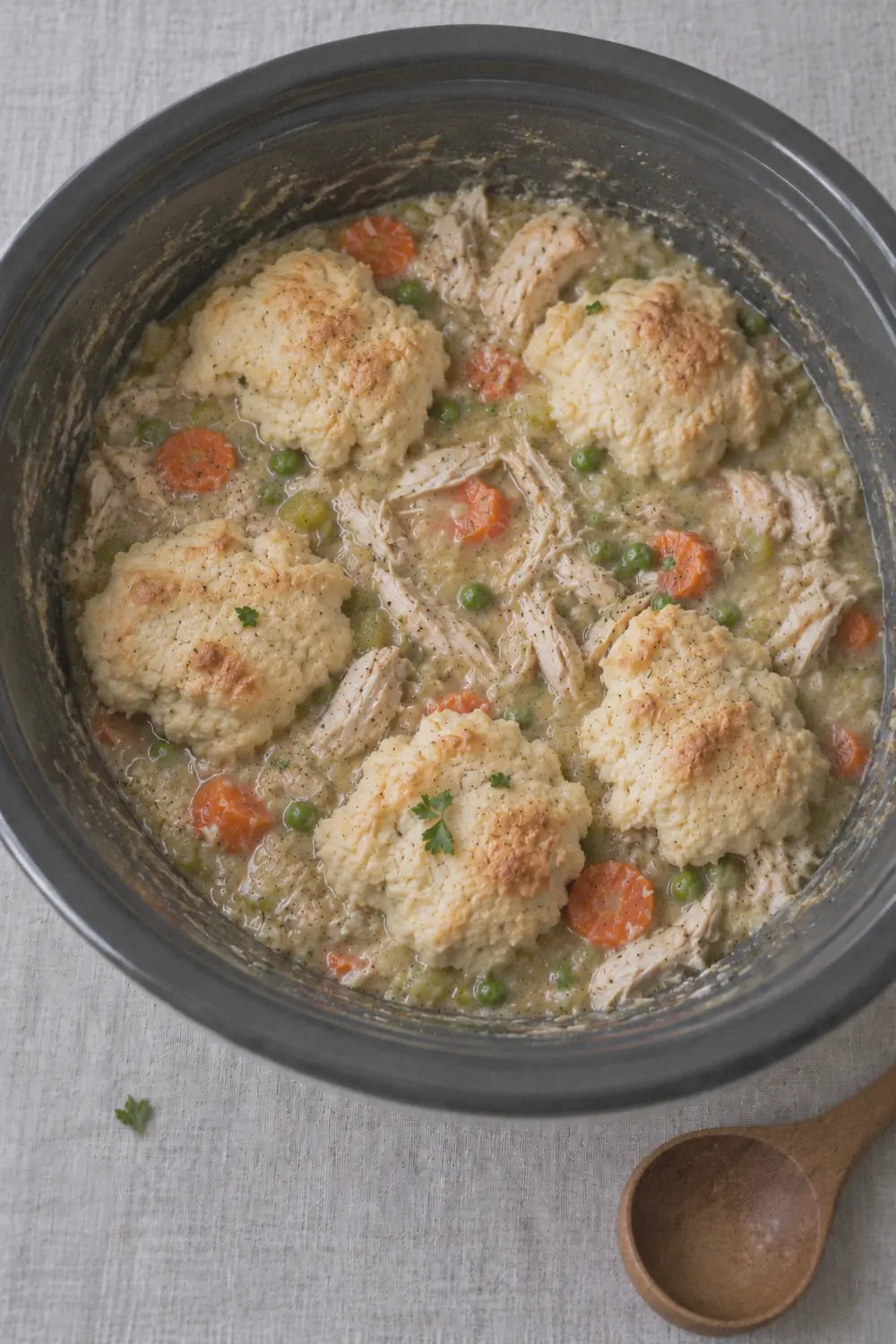 Crockpot chicken and dumplings in a slow cooker insert, creamy broth with shredded chicken and fluffy biscuit dumplings