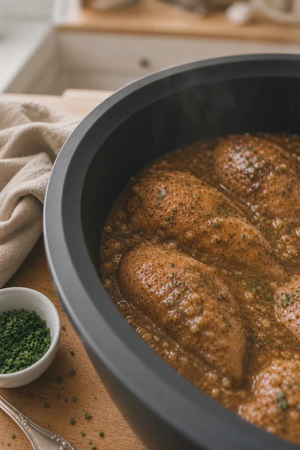 Fork-tender chicken breasts sitting in thickened brown gravy inside a slow cooker after cooking