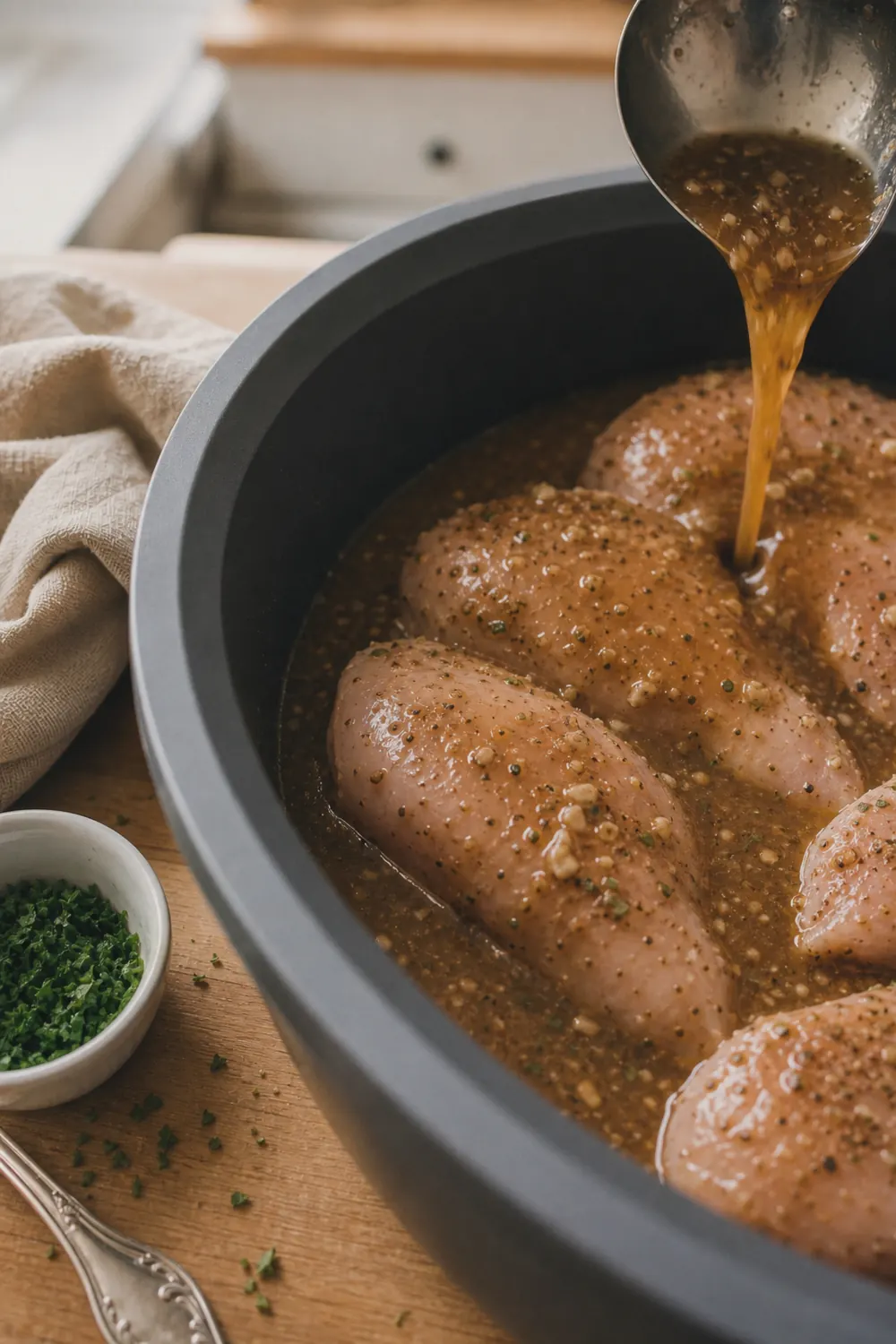 Seasoned raw chicken breasts in a slow cooker crock with brown gravy mixture being poured over the top