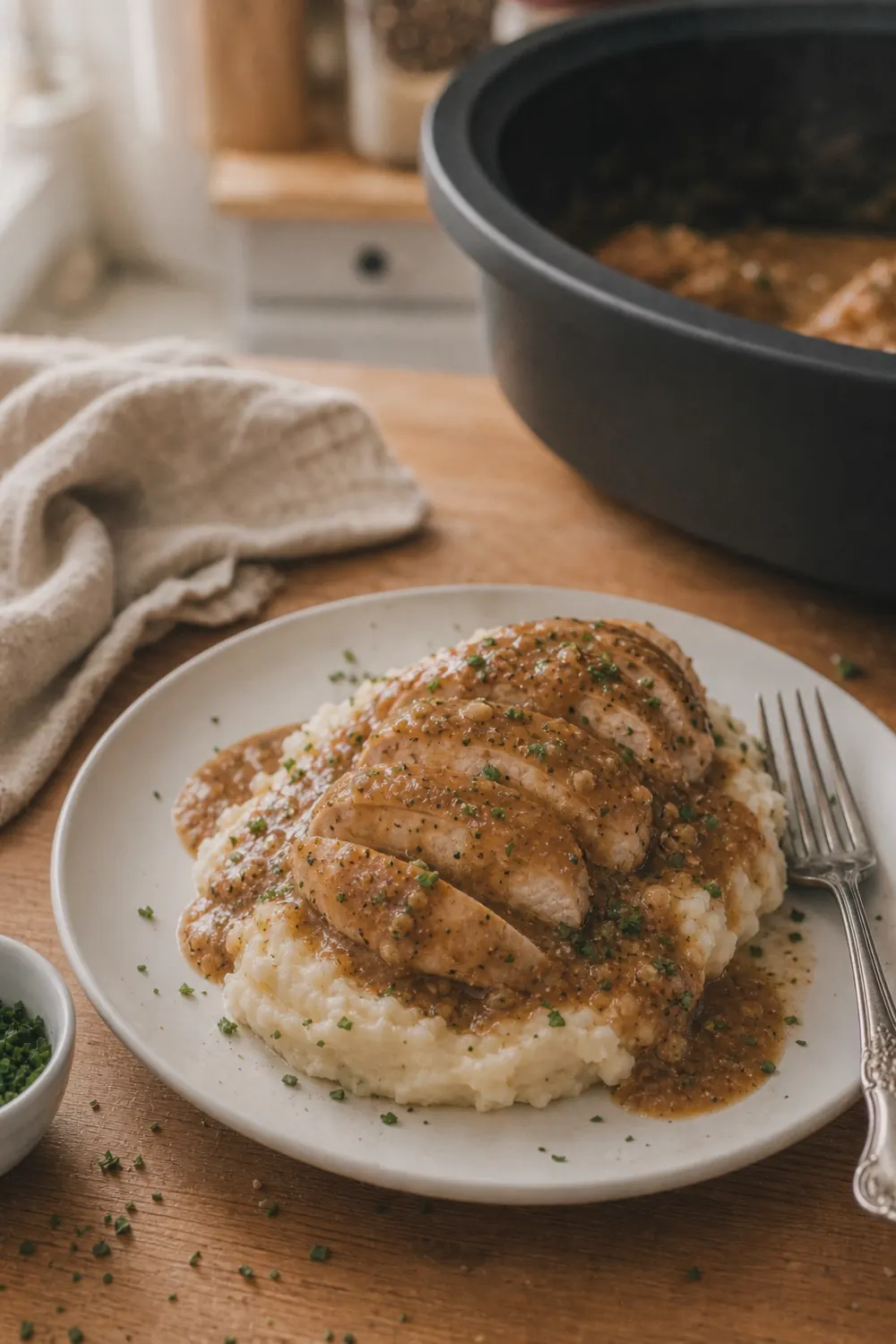Sliced crockpot chicken smothered in rich gravy served over creamy mashed potatoes, garnished with fresh parsley