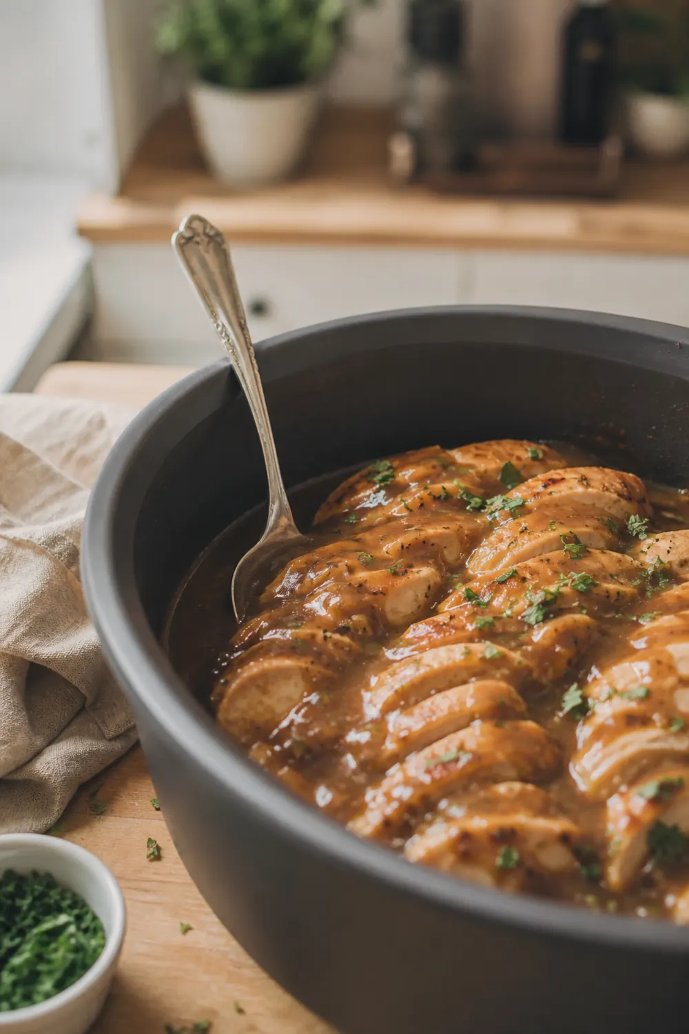 Fork-tender crockpot chicken breast sliced and smothered in rich brown gravy, served over creamy mashed potatoes on a warm-toned countertop.