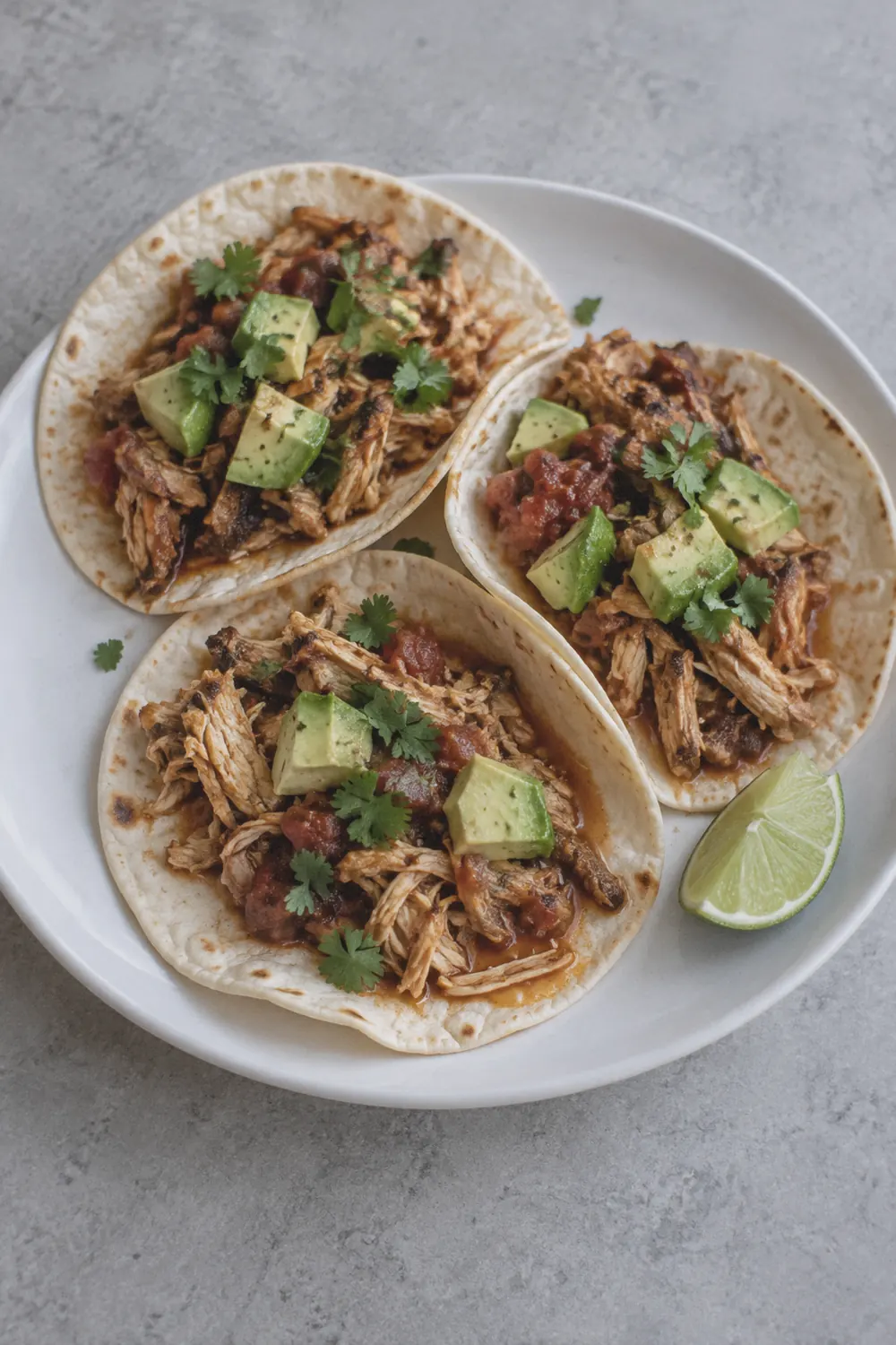 Crockpot chicken tacos with shredded seasoned chicken piled into small flour tortillas on a light grey stone surface, with scattered cilantro leaves and lime wedges nearby.