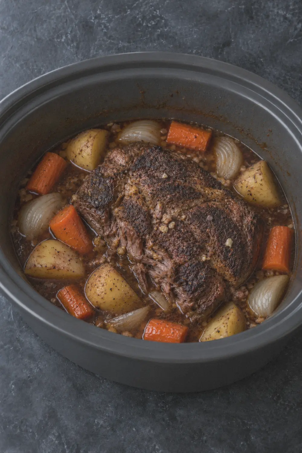 Broth and aromatics poured around the seared roast in the slow cooker