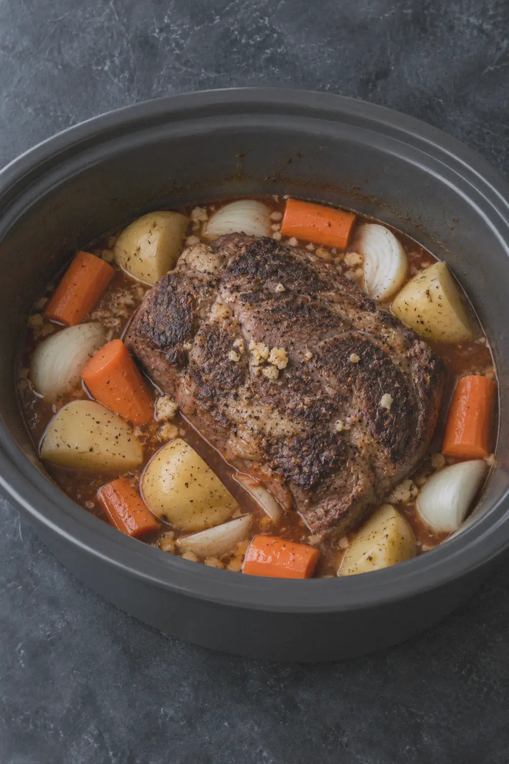 Raw seasoned chuck roast with potatoes and carrots arranged in a slow cooker