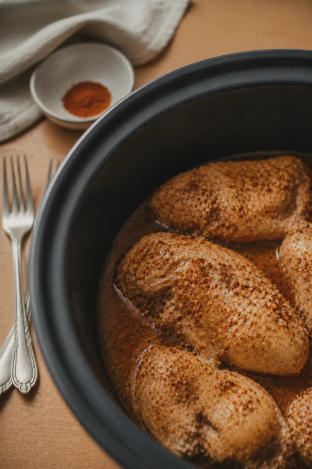 Cooked chicken breasts in the slow cooker, visibly tender and starting to fall apart in golden cooking liquid