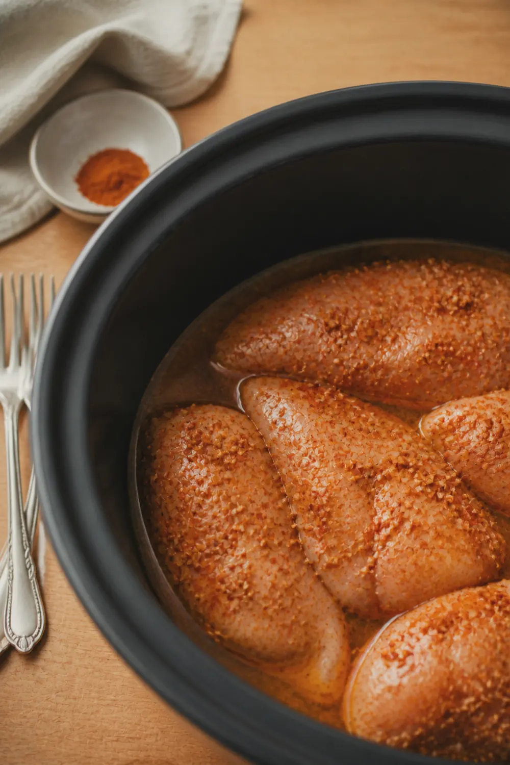 Seasoned chicken breasts in a slow cooker with spice rub visible on the surface and broth pooling at the bottom