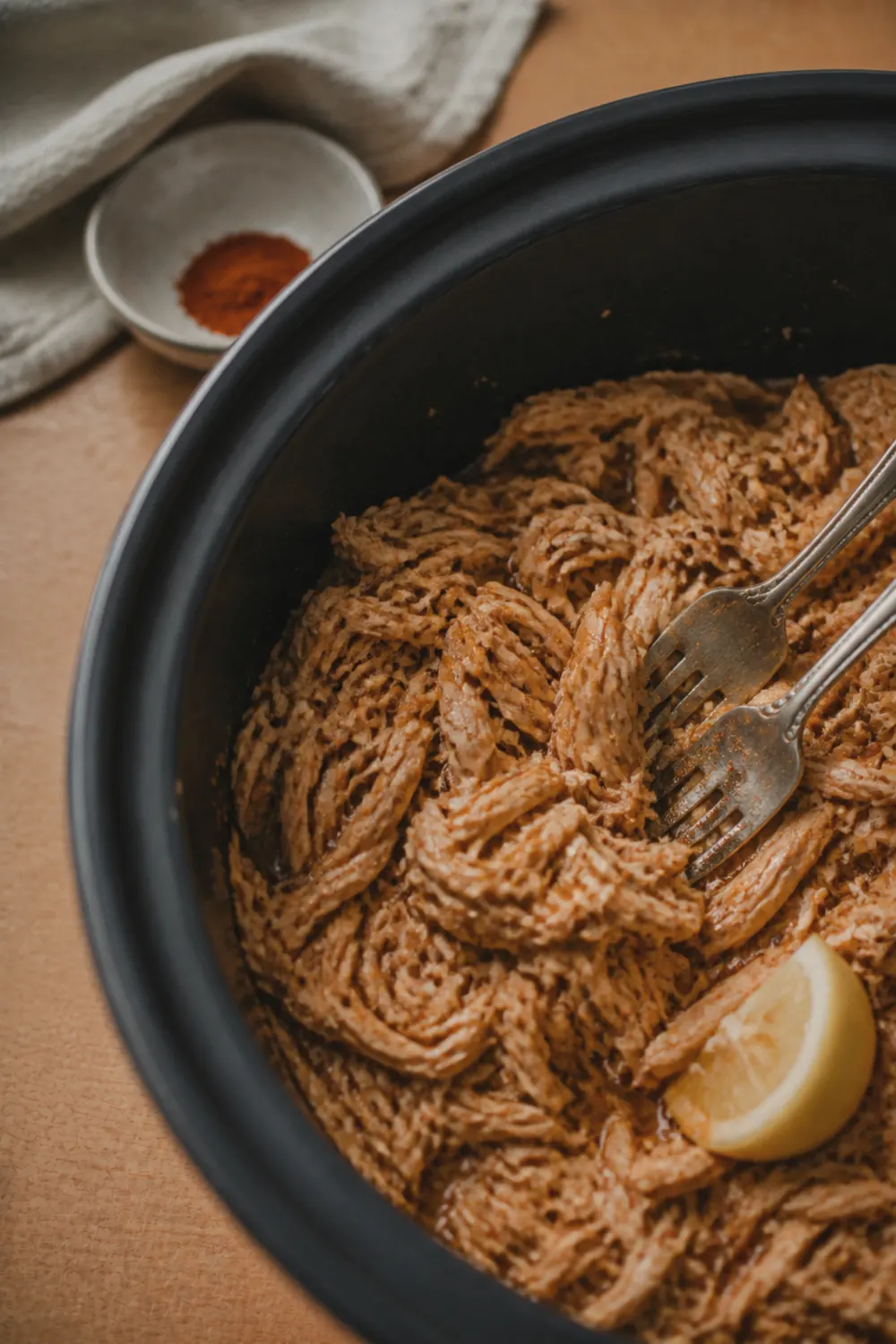 Shredded chicken tossed with cooking liquid in the slow cooker, glistening with juices and ready to serve