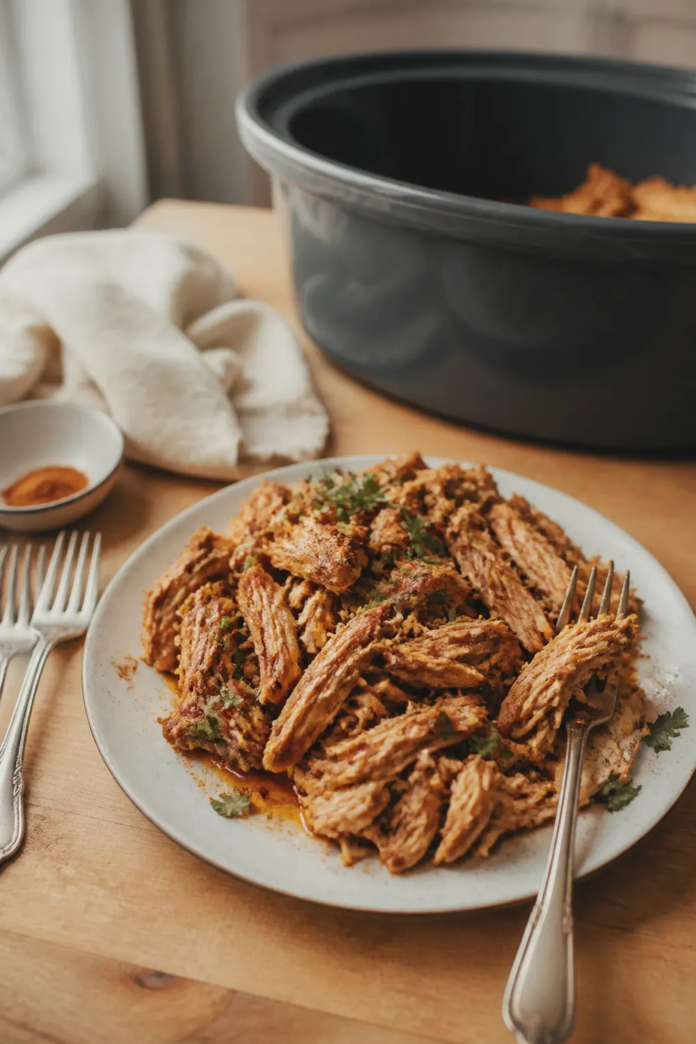 A mound of tender shredded chicken on a matte white plate with fresh herbs scattered around it on a warm wooden countertop