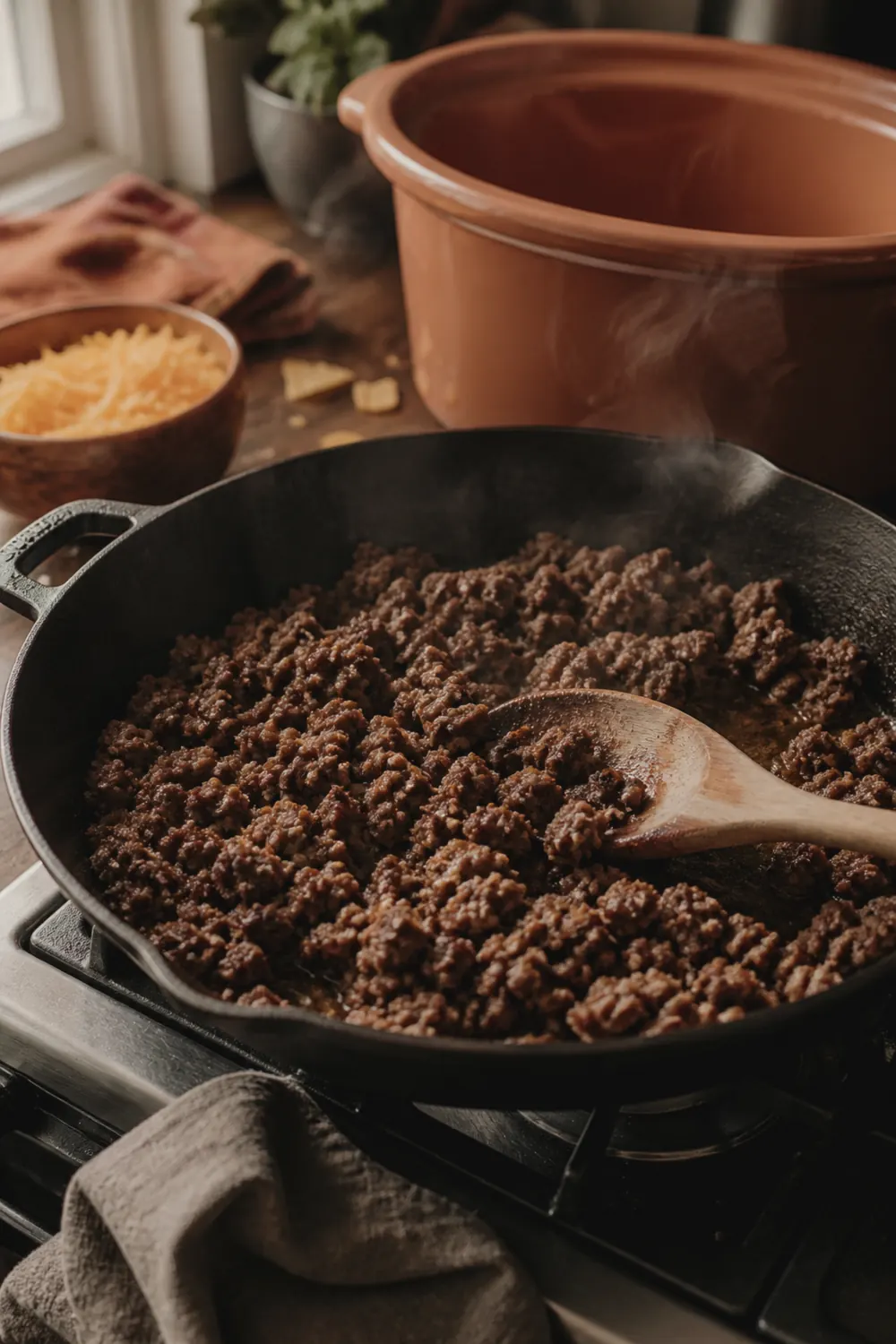 Browned ground beef crumbles in a cast iron skillet with a wooden spoon, fat rendered and meat deeply golden