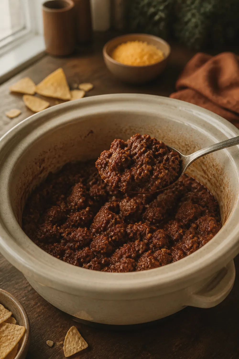 Finished crockpot taco meat in the slow cooker, deeply colored and saucy with visible spice coating on each piece