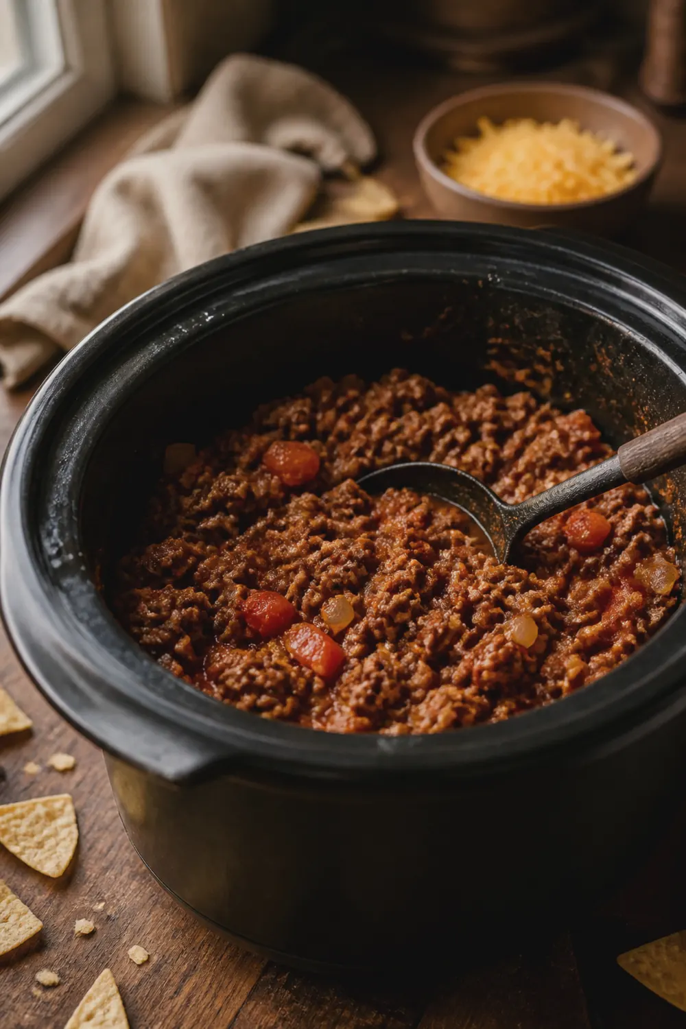 Seasoned ground beef mixed with diced tomatoes and spices in a ceramic slow cooker insert, ready to cook
