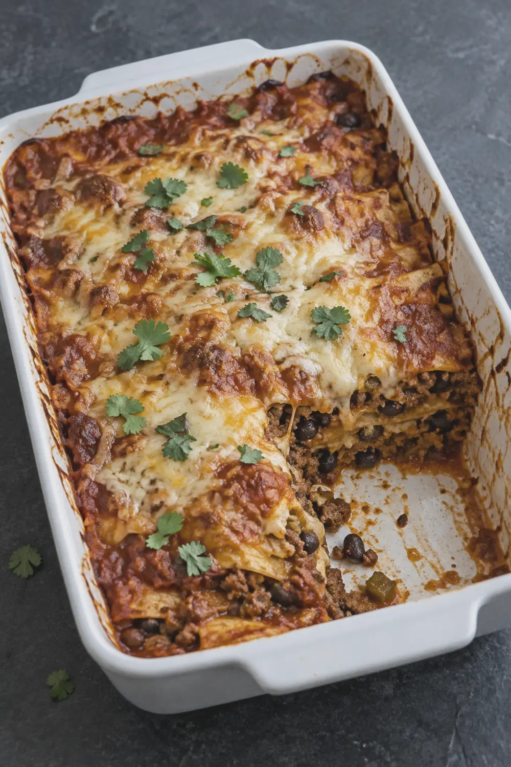 Enchilada casserole in a 9x13 baking dish with melted cheese on top and a scoop removed showing the layers of tortilla, beef, and sauce inside