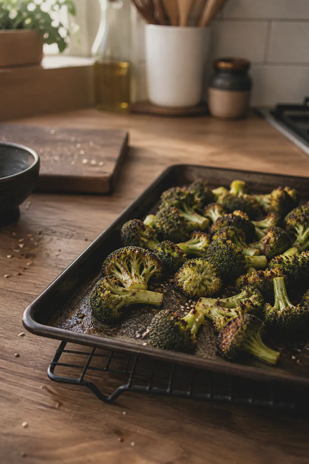 Broccoli florets spread on a sheet pan with charred edges fresh from the oven
