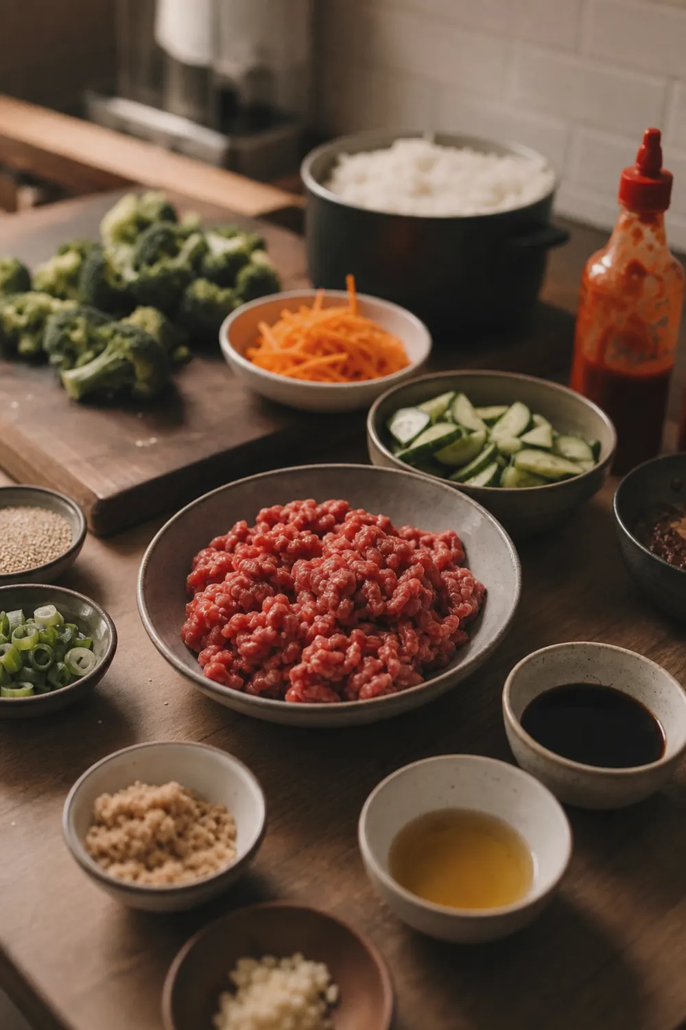 Bowls of ingredients laid out on a wooden counter: raw ground beef, broccoli florets, shredded carrots, sliced cucumber, soy sauce, sesame oil, and white rice