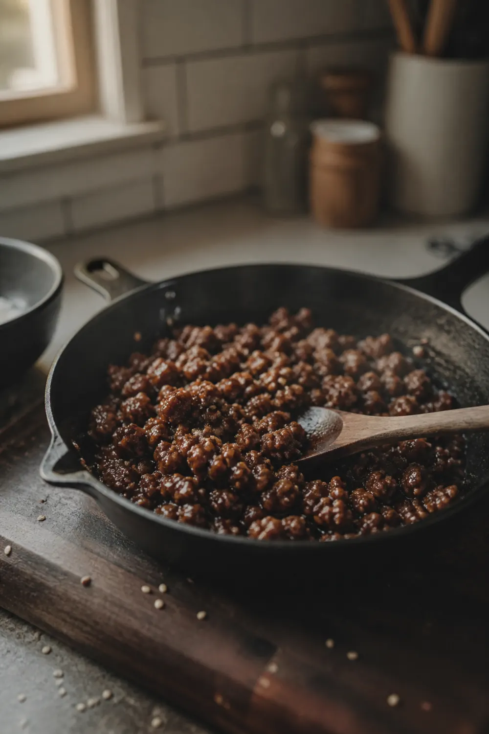 Seasoned ground beef crumbles in a dark glossy soy glaze inside a cast iron skillet