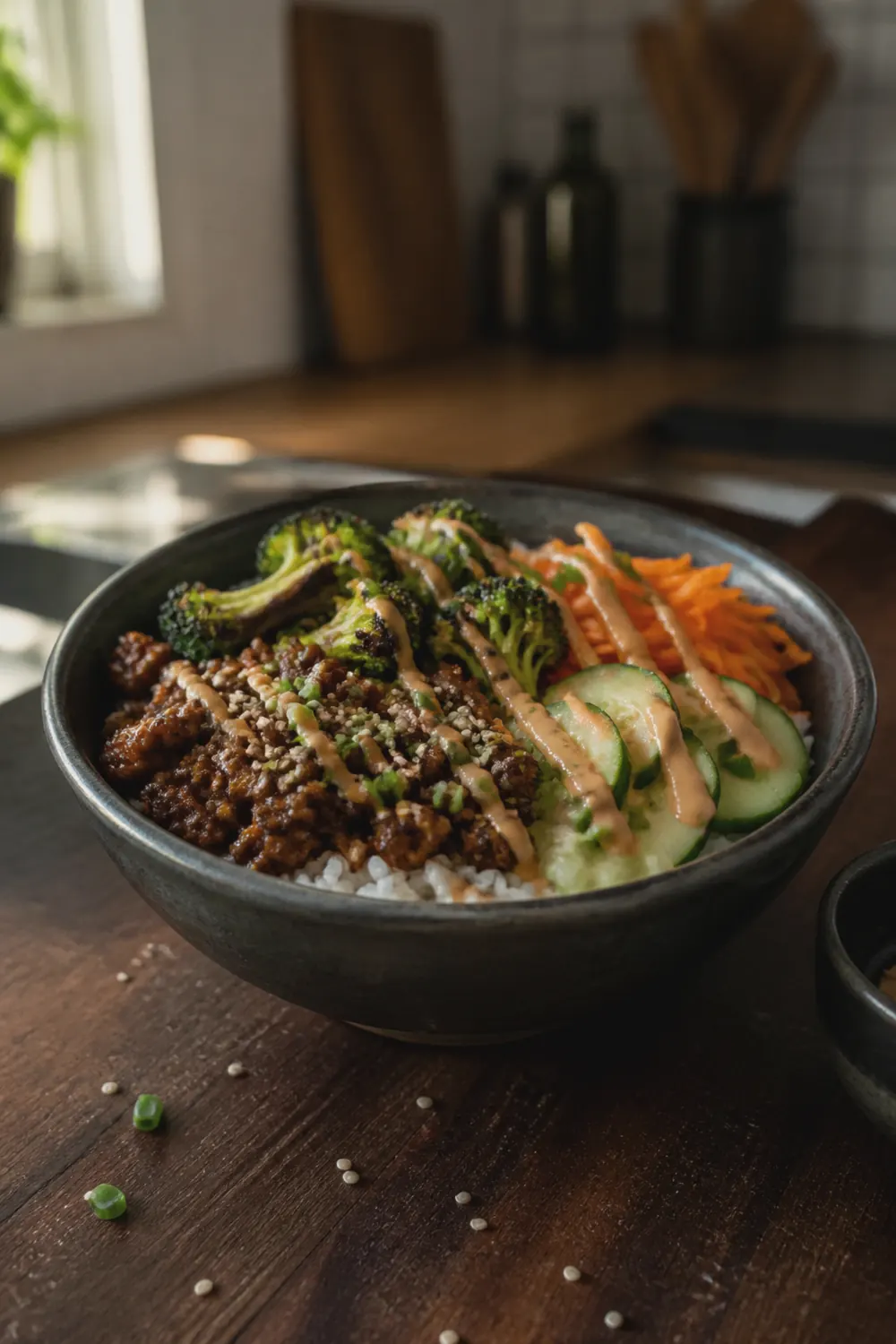 A ground beef bowl with seasoned beef crumbles, white rice, roasted broccoli, shredded carrots, sliced cucumber, and creamy sriracha sauce in a dark ceramic bowl on a wooden cutting board.